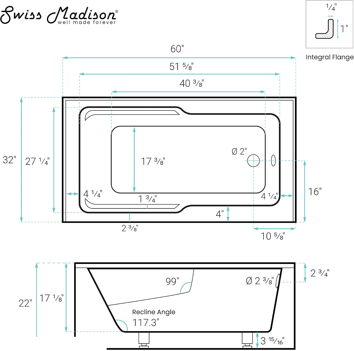 Reims 60' x 32' Right-Hand Drain Drain Alcove Tub with Corner Apron