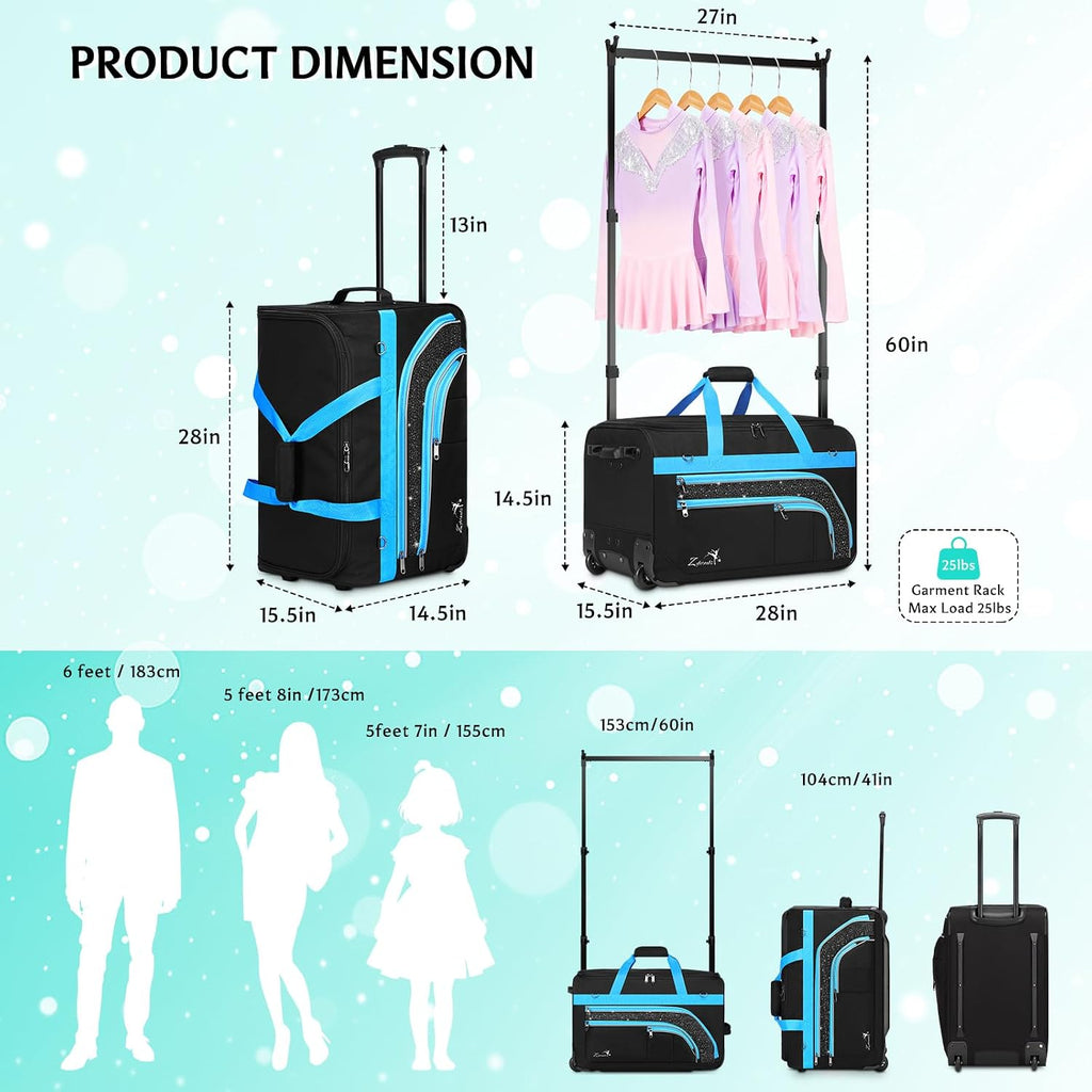 Dance Bag with Garment Rack - 28' Rolling Dance Competition Duffle Bag with Rack | Wheeled Dance Suitcase - Multiple Pockets for Dancers Cheerleader Athlete Travelers Livestreamer Cosplayer