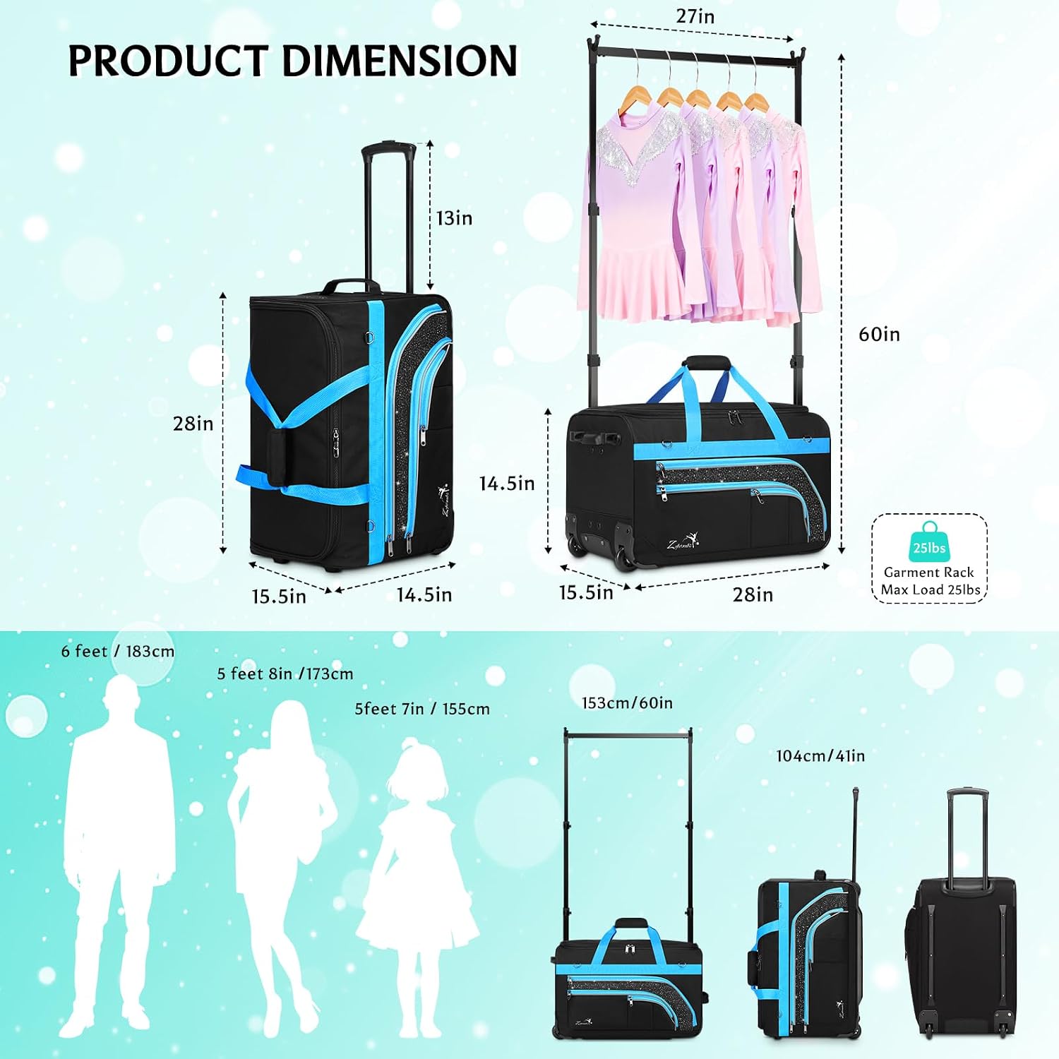 Dance Bag with Garment Rack - 28' Rolling Dance Competition Duffle Bag with Rack | Wheeled Dance Suitcase - Multiple Pockets for Dancers Cheerleader Athlete Travelers Livestreamer Cosplayer