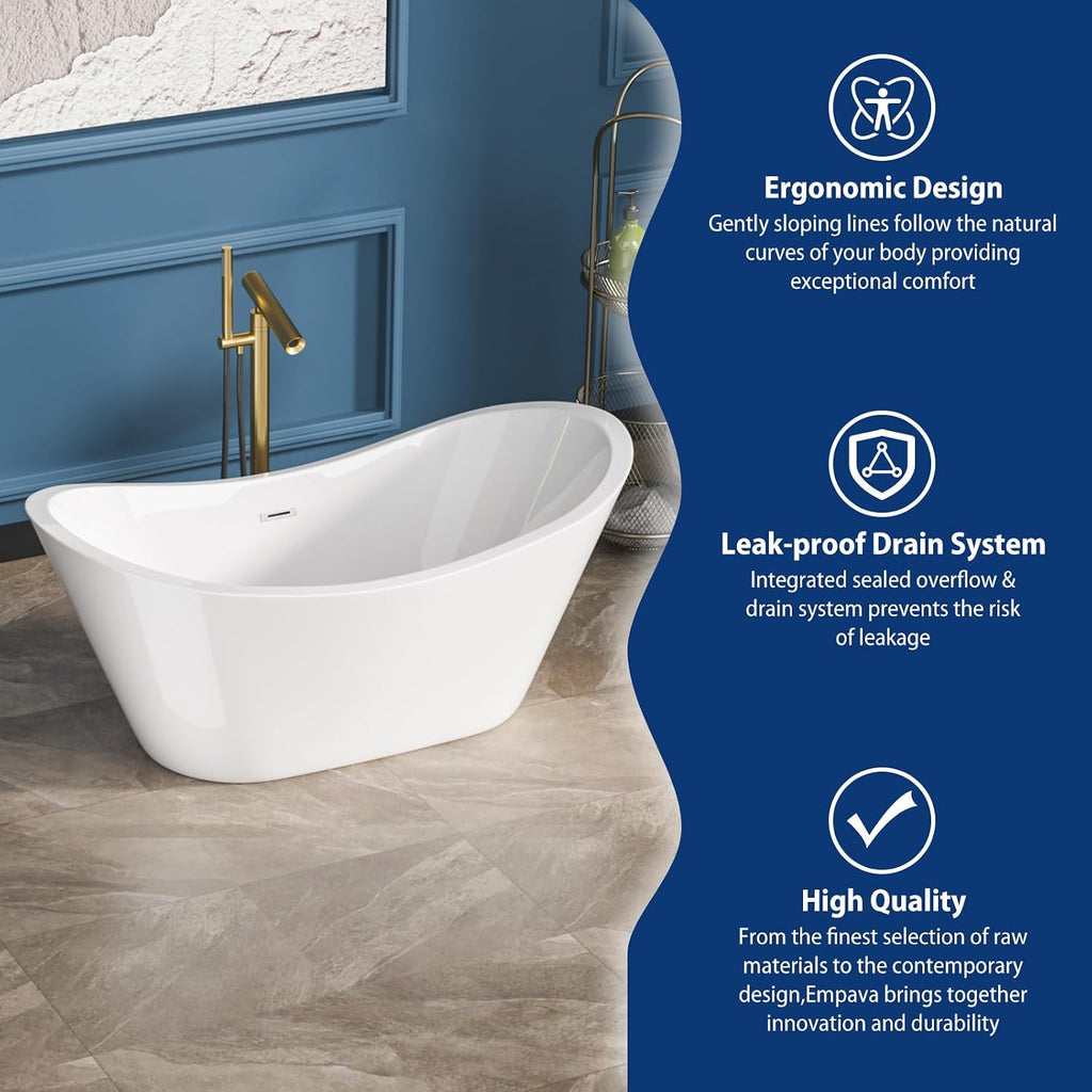 Sarlai 59 Inch Acrylic Freestanding Soaking Bathtub Contemporary Soaking White Tub Stand Alone Ergonomic Bathtub with Chrome Drain and Overflow