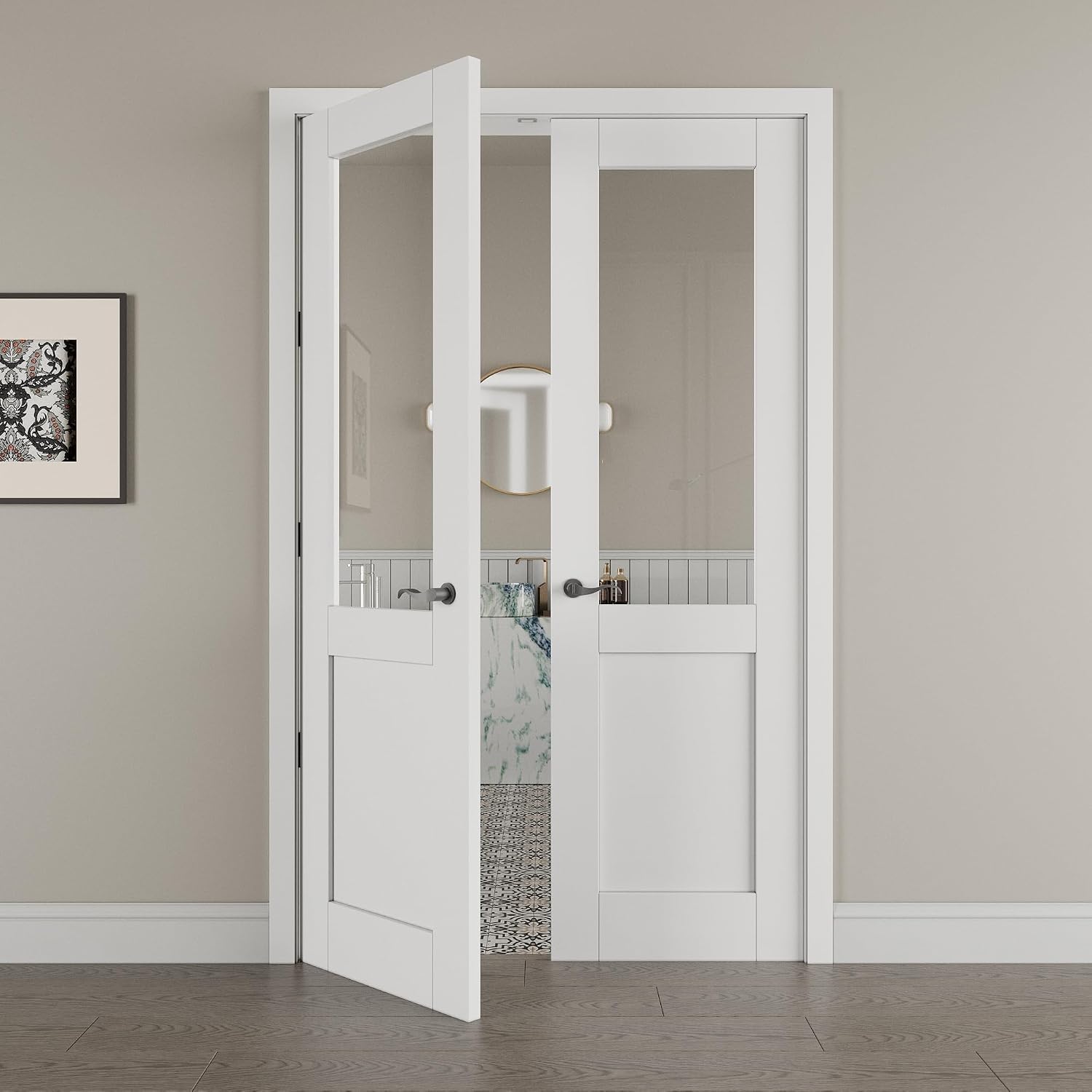 48' x 80' French Doors Interior (Double 24' x 80' Half Clear Glass Door with Black Hinge Prehung Jamb Kit), Pre-Finished & Paintable, Prebuilt Home Door Panels & Assembly Required Jamb