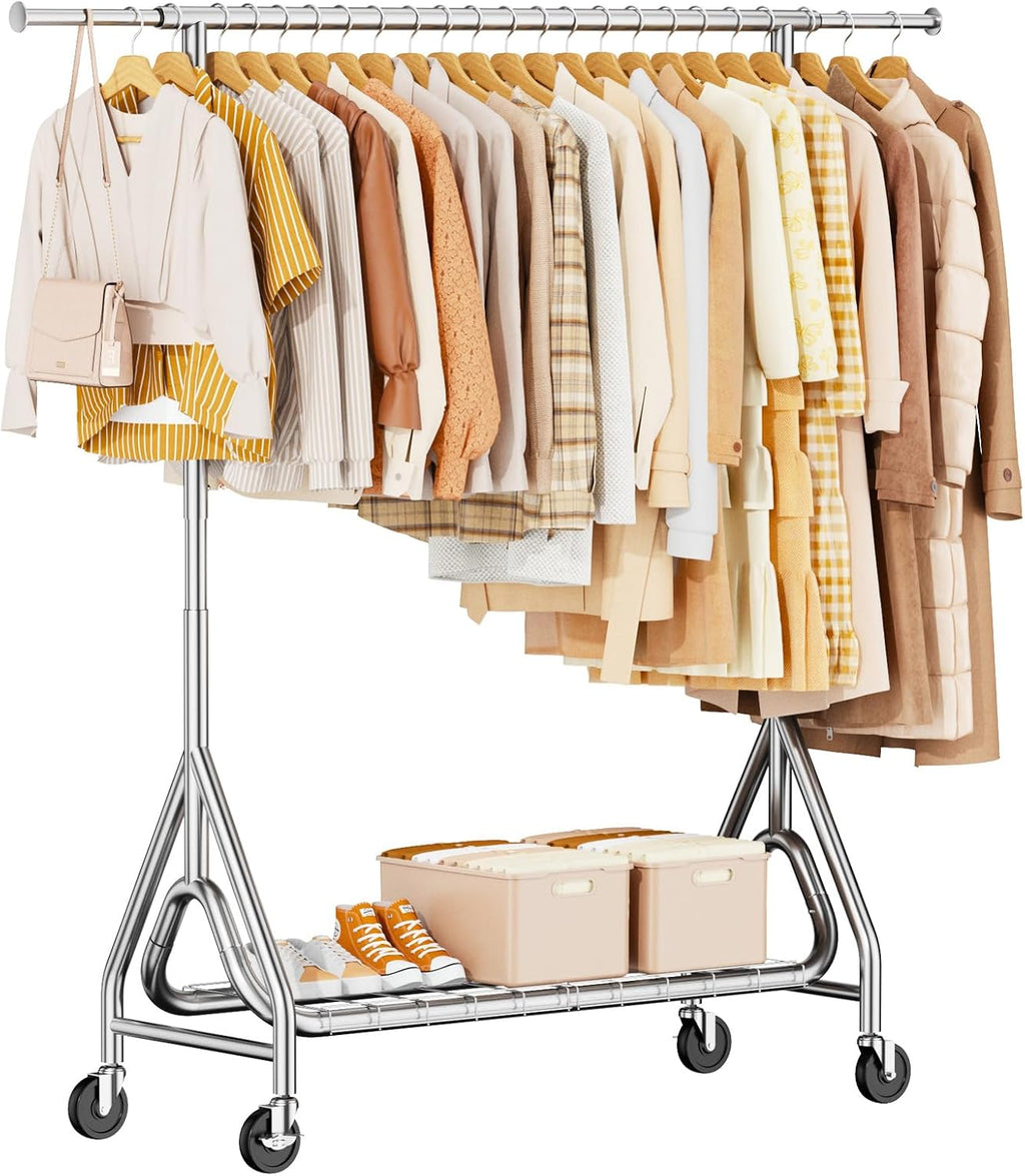 Heavy Duty Clothes Rack, Metal Clothing Rack Load 450 LBS, Rolling Coat Racks for Hanging Clothes with Lockable Wheels, Silver+Gold
