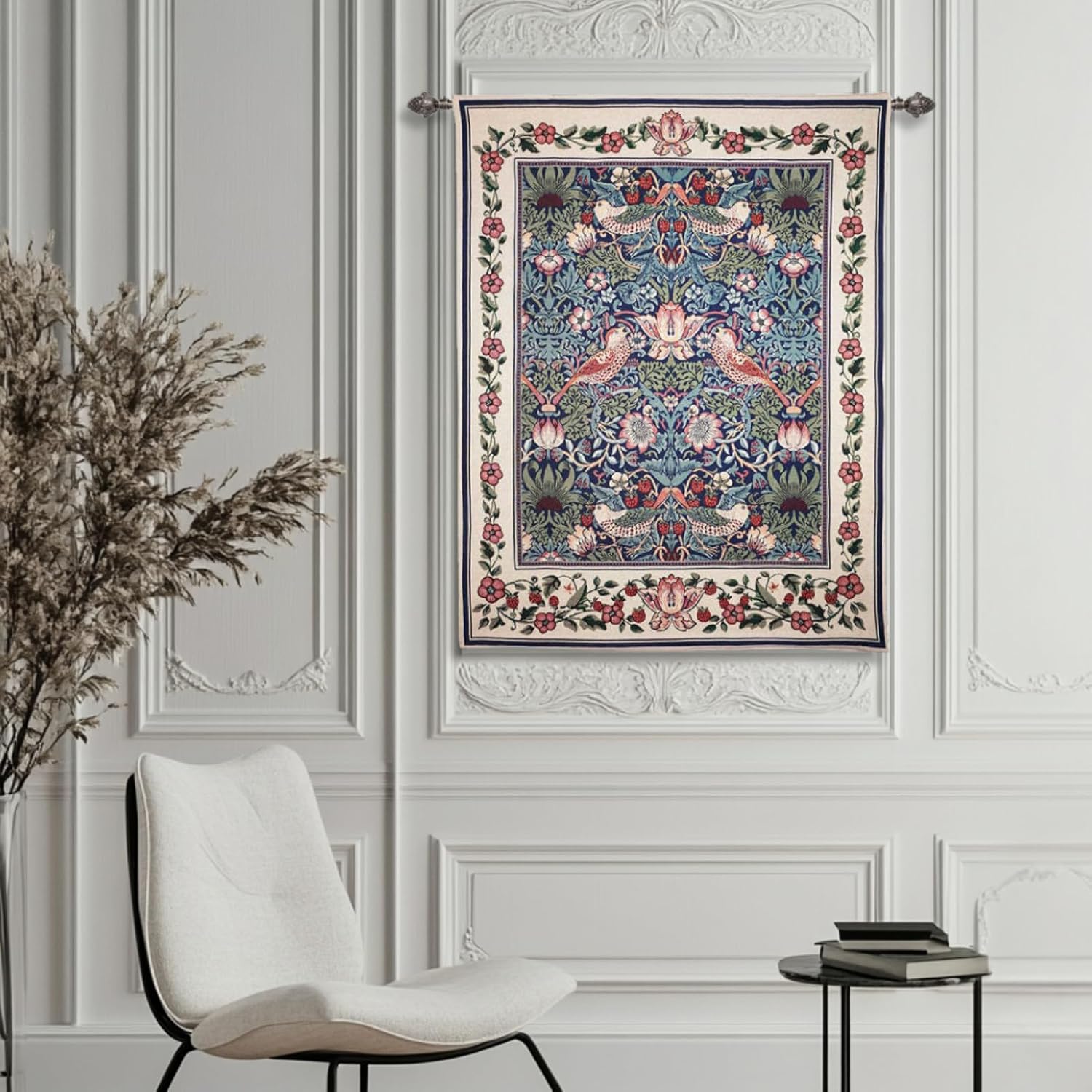 ORIMONY William Morris Strawberry Thief Tapestry - Vintage Floral Bird Art, Medieval Jacquard Woven Tapestry Wall Hanging for Living Room & Bedroom Size 27'x35' (Blue)