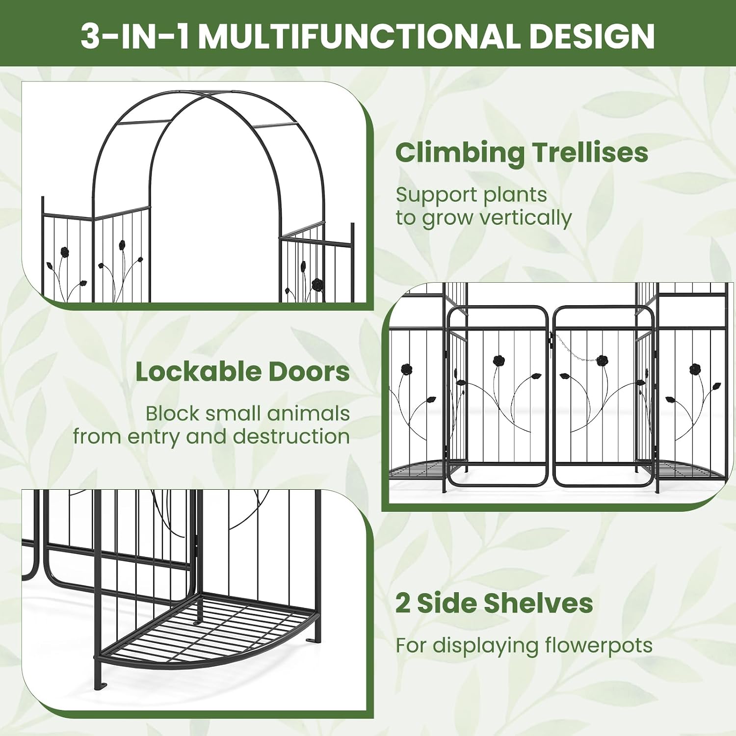 HAPPYGRILL 87' Garden Arbor with Gate, Garden Arch with Planter Shelves, Climbing Trellises, Metal Arbor Archway for Outdoor Climbing Plant Vine, Wedding Arch for Ceremony Backyard Patio Party Decor