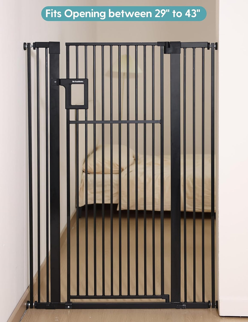 No Pawblems Upgraded 55' Extra Tall Pet Gate for Cat, 29-43' Auto Close Cat Gate for Doorways/Stairs/Hallways, NO Drilling Pressure Mounted Tall Dog Gate Indoor, 1.37' Pet-Safe Gap, Black