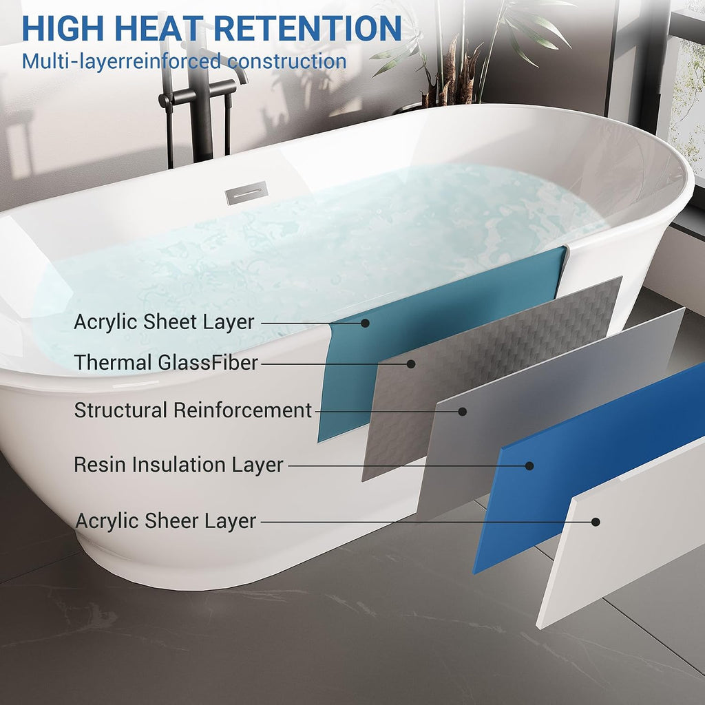 Acrylic Free Standing Tub, Modern Soaking Bathtub with Matte Black Drain and Overflow, Glossy White CUPC Certified Ergonomic Bath Tub, 67Inch