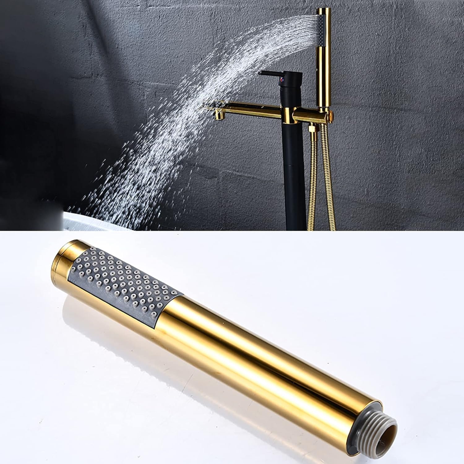 Freestanding Bathtub Faucet with Handheld Shower - Floor Mounted Tub Tap, 59-Inch Shower Hose, Stylish White Gold Finish