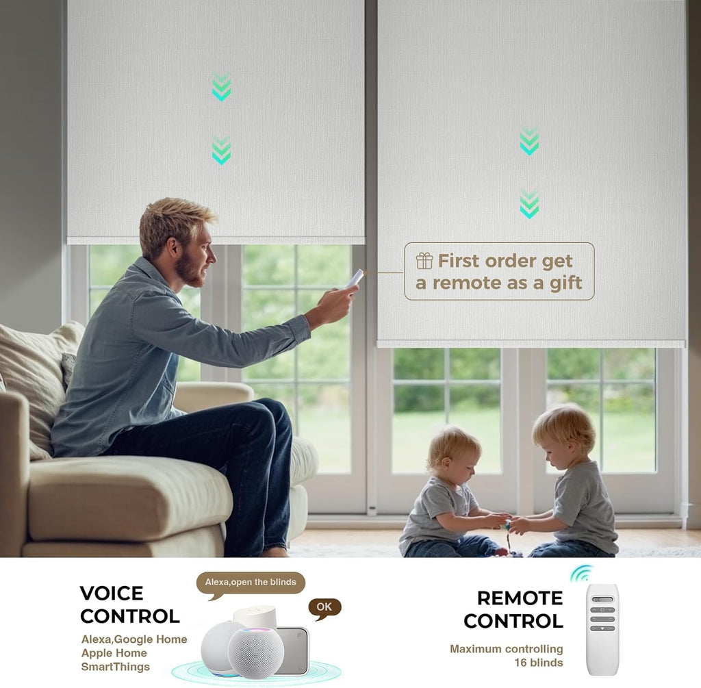 HeyBlinds Motorized Blinds with Remote, 100% Blackout Smart Blinds, Automatic Shades for Windows Compatible with Alexa Google and Homekit, Custom Size(Grace-Perla White BO)