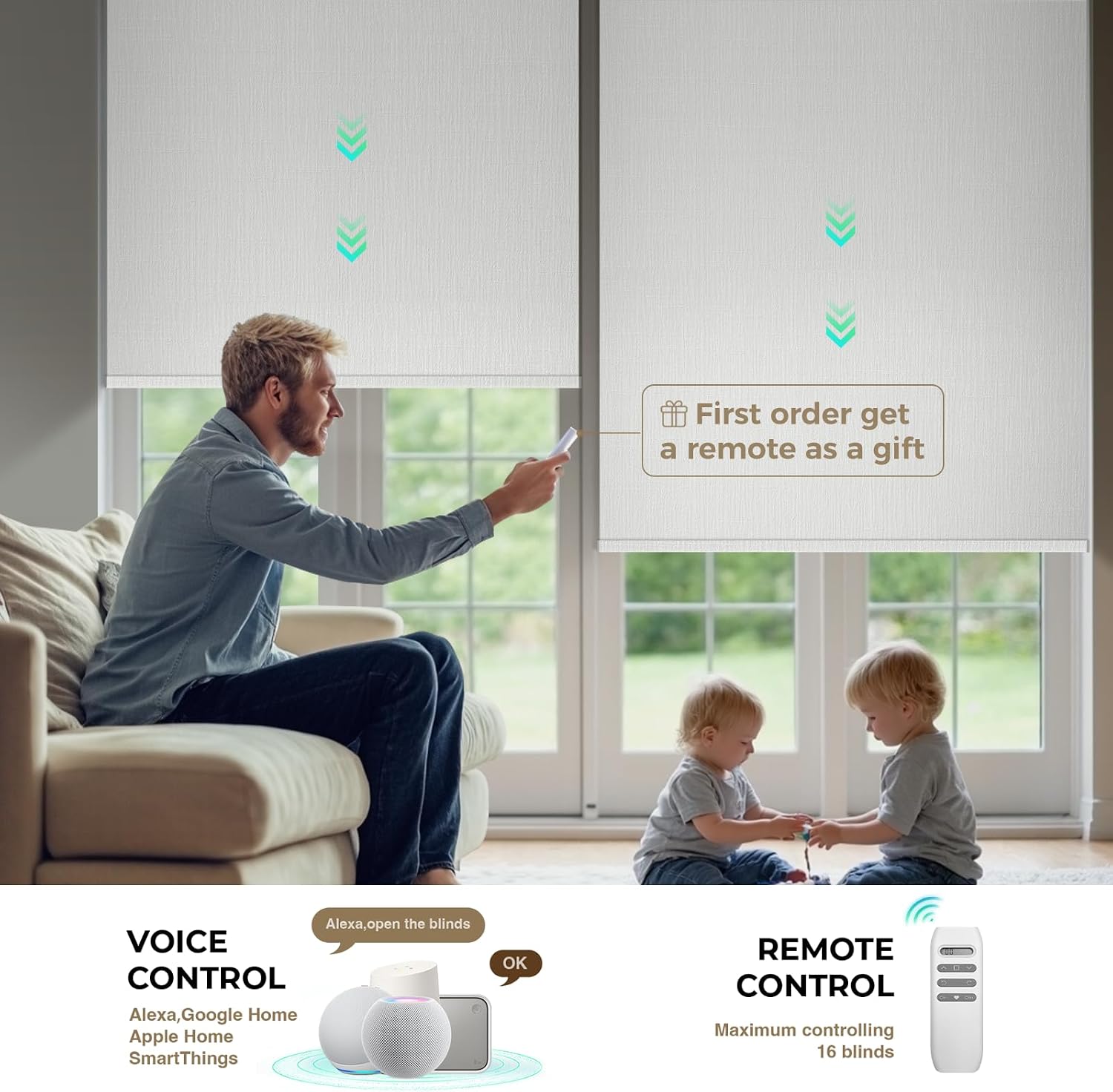 HeyBlinds Motorized Blinds with Remote, 100% Blackout Smart Blinds, Automatic Shades for Windows Compatible with Alexa Google and Homekit, Custom Size(Grace-Perla White BO)