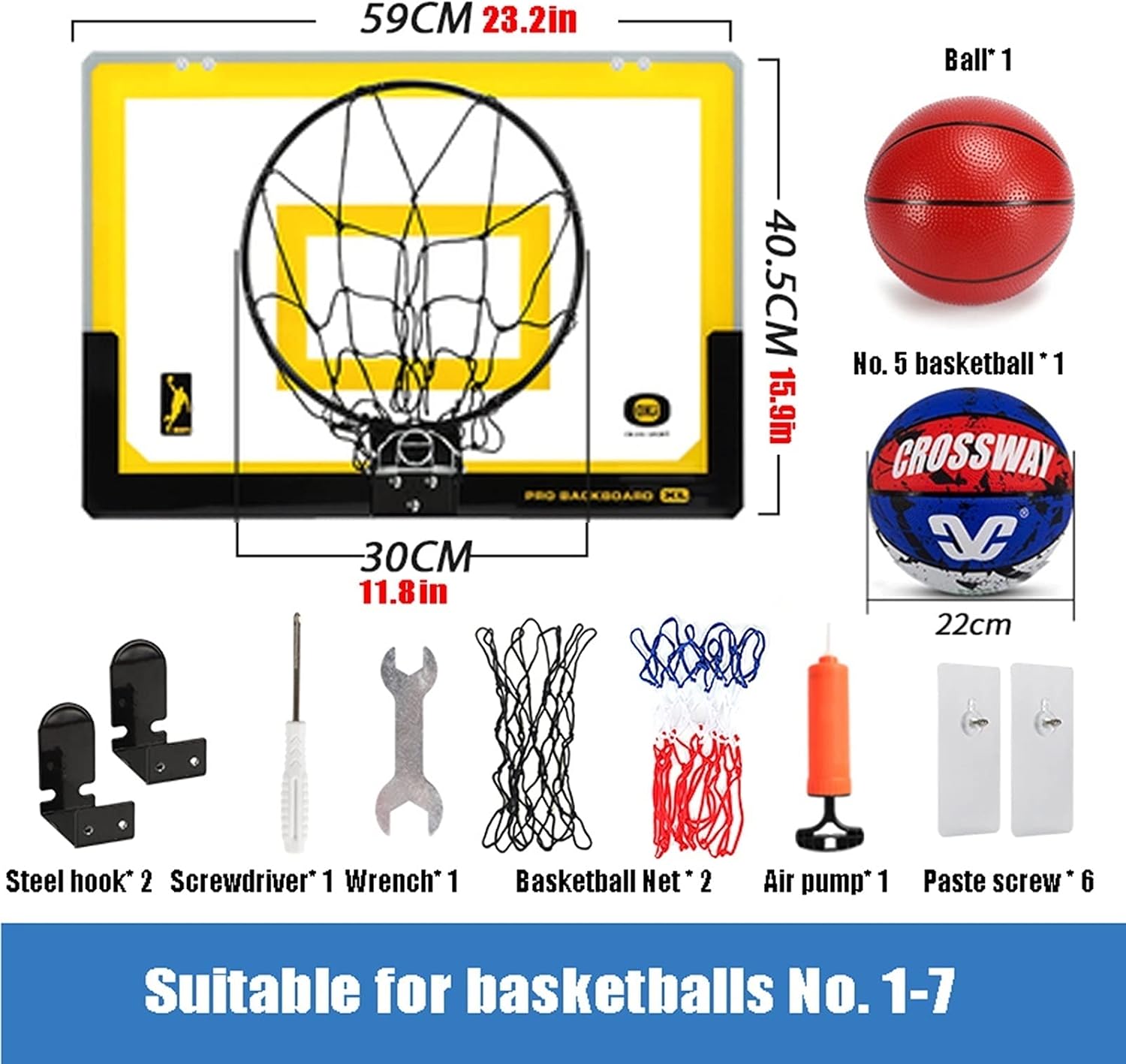 Indoor Mini Basketball Hoop, Mini Hanging Backboard Set with Ball and Pump, Portable Indoor and Outdoor Sports Toys for Children (Size : 59x40.5cm)