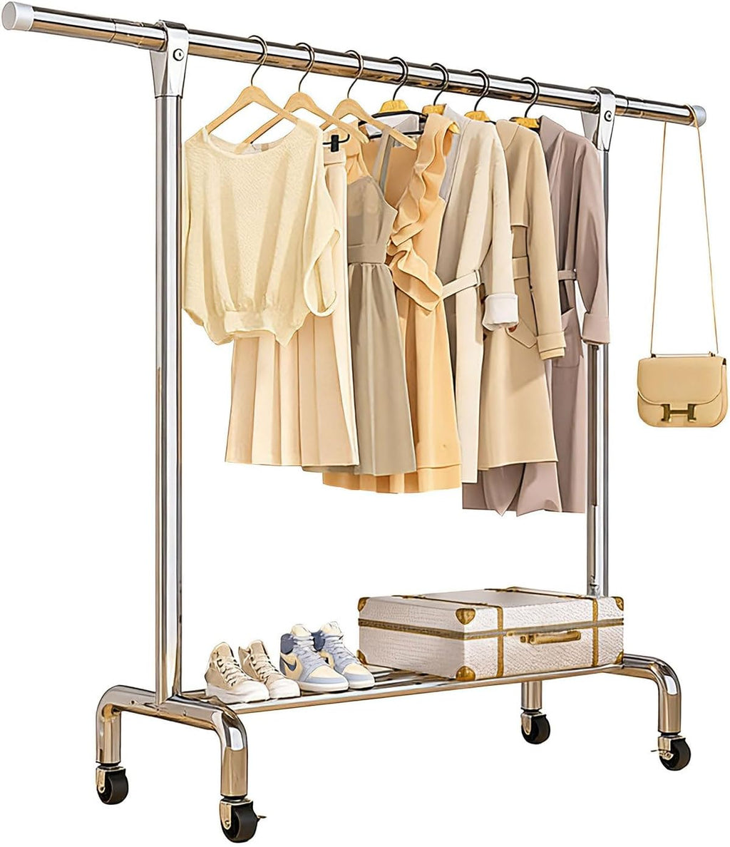 Garment Rack with Wheels, Adjustable Chrome Clothes Rack for Hanging Clothes, Portable Rolling Clothing Rack with Lockable Casters forBedroom,Silver,16.5x78.7x42in