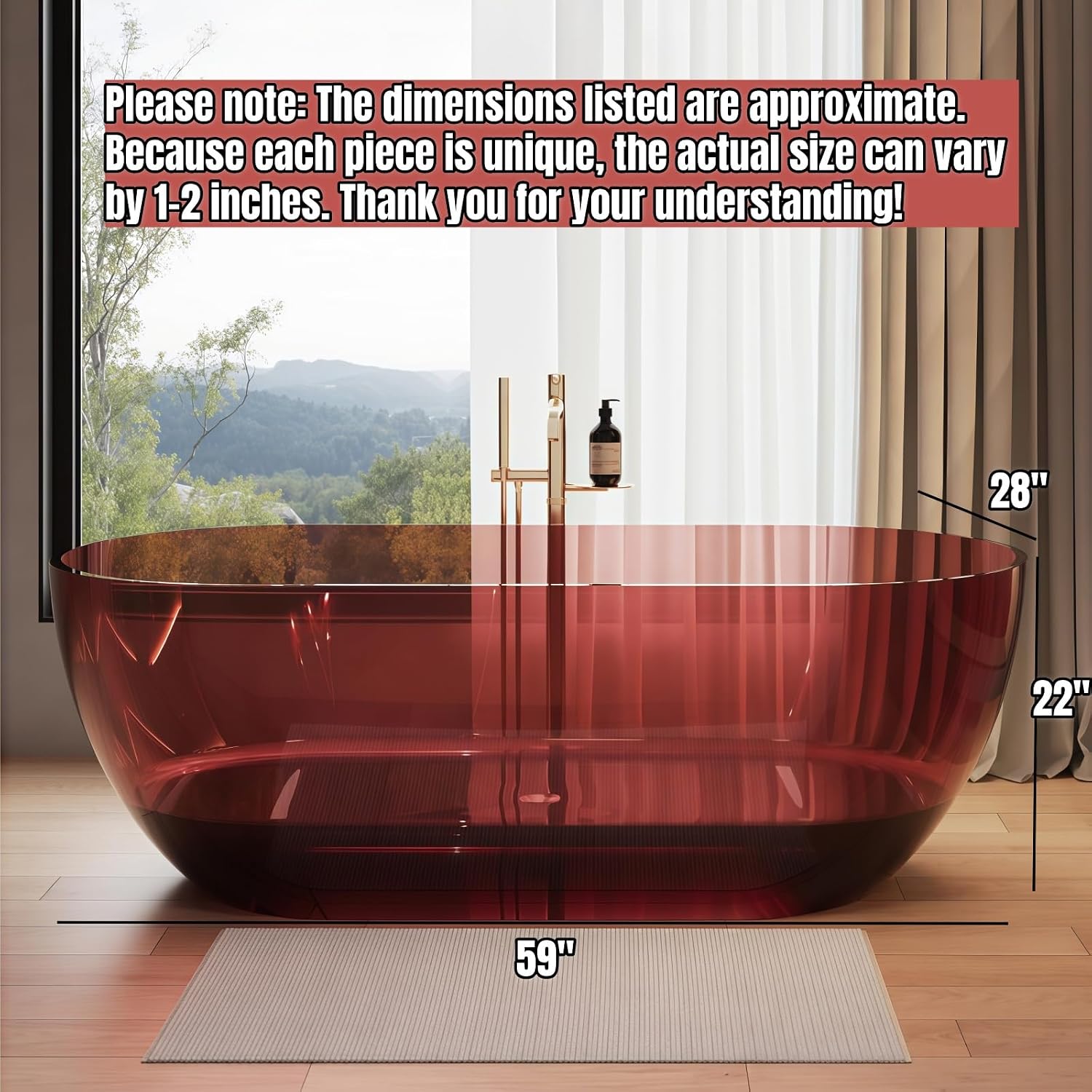 59' Edeyeu Freestanding Bathtub - Extra Deep Soaking Tub With Ergonomic Design, Luxury Solid Surface Bathtub For Home Spa Relaxation, Durable One-Piece Stand Alone Tub Red
