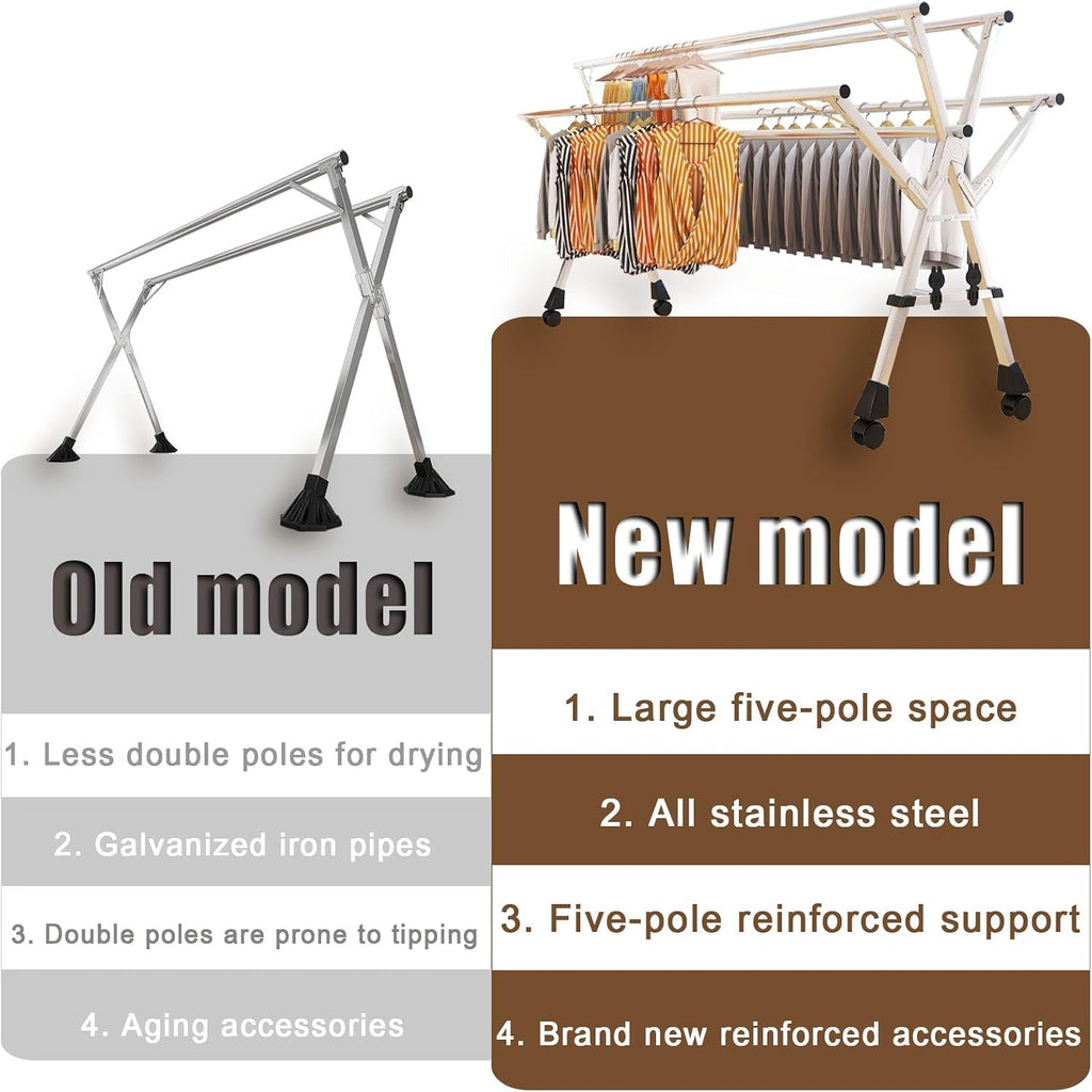 Clothes Drying Rack Foldable 5 Rods Indoor Outdoor Garment Racks - Stainless Steel Standing Dry Racks - Drying Rack for Bed Linen, Clothing, Socks, Shoe,Without Wheels,1.6M/5.25FT