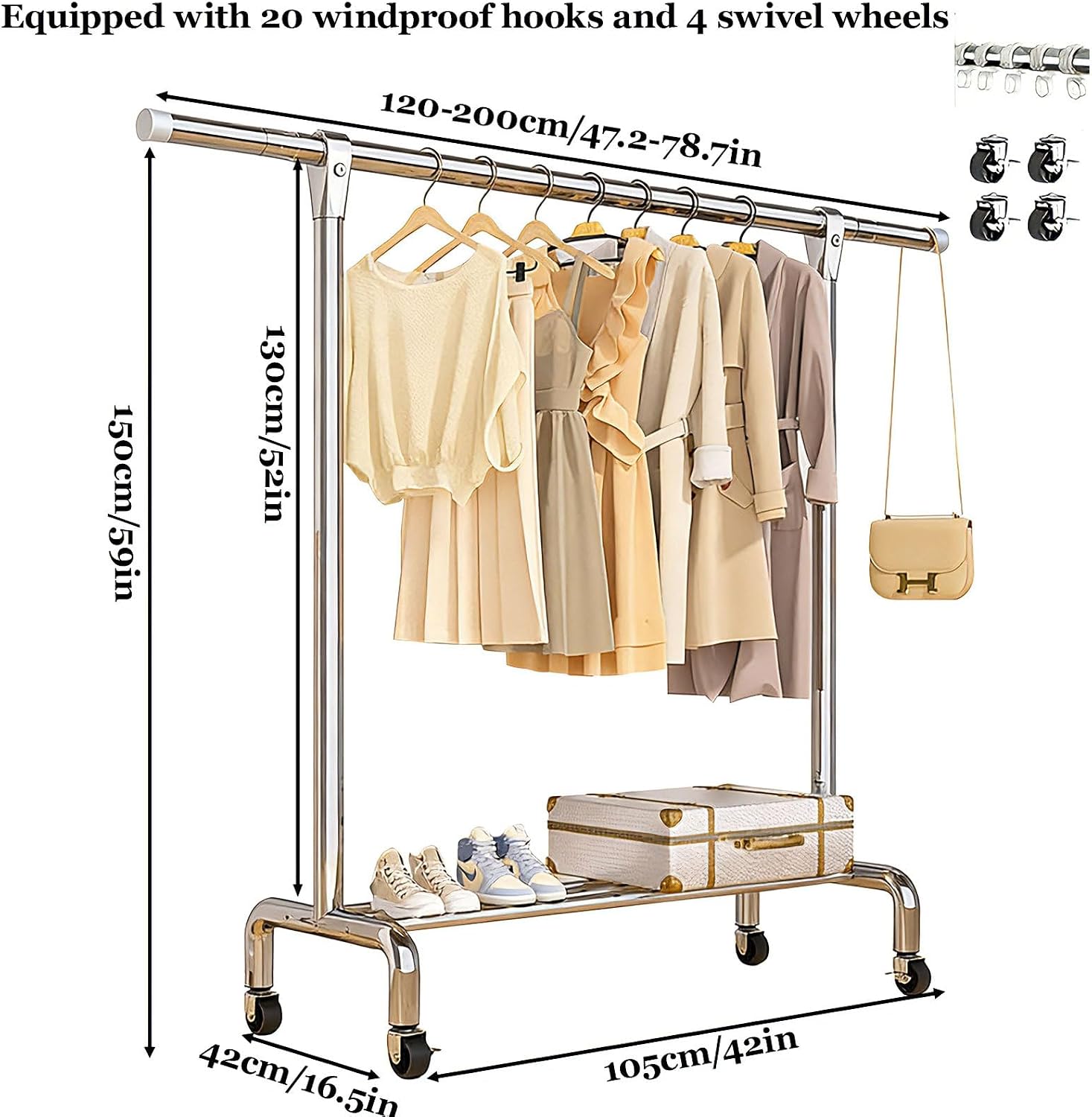 Garment Rack with Wheels, Adjustable Chrome Clothes Rack for Hanging Clothes, Portable Rolling Clothing Rack with Lockable Casters forBedroom,Silver,16.5x78.7x42in