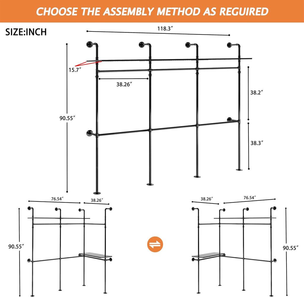 Industrial Pipe Clothing Rack Reversible 118.3'' Clothes Rack for Hanging Clothes Heavy Duty Garment Rack Closet Wardrobe Rack with LED Lights Shelves Walk-in Closet System Black Three