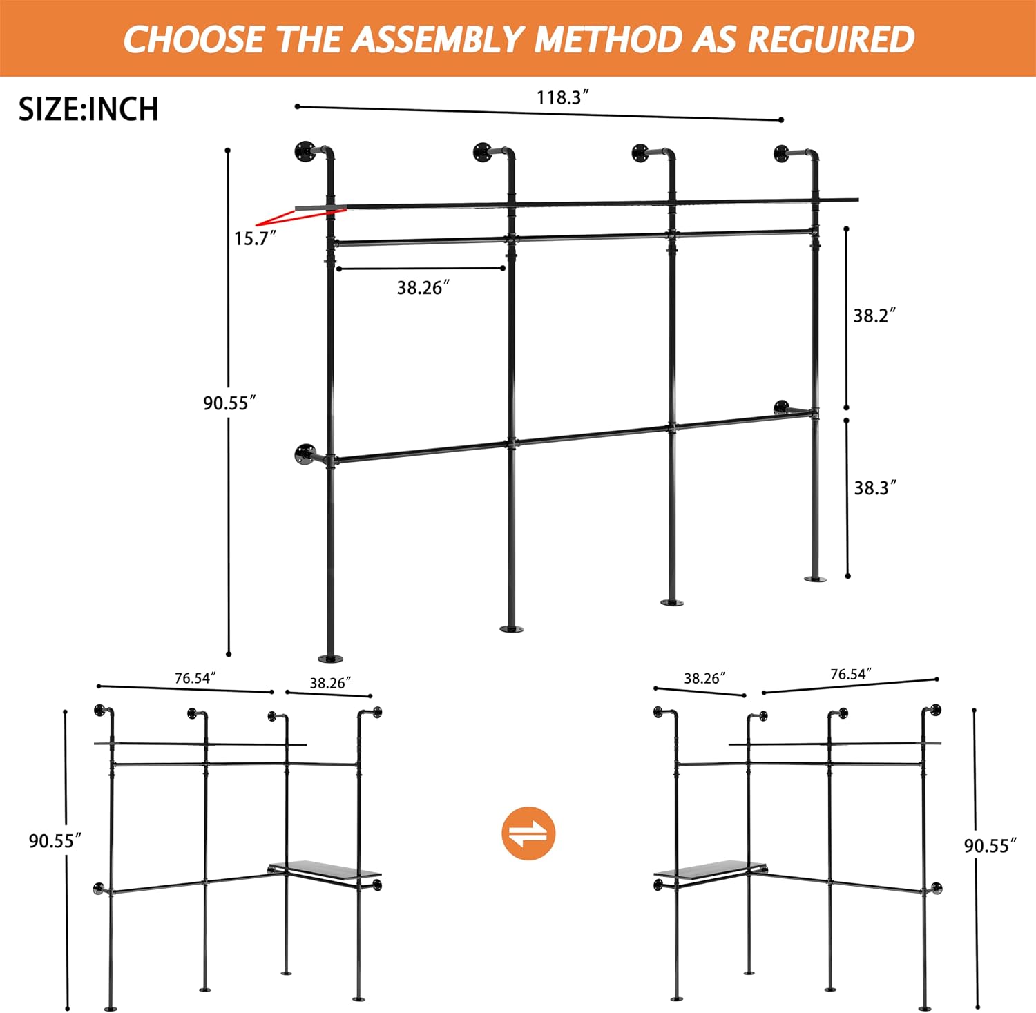 Industrial Pipe Clothing Rack Reversible 118.3'' Clothes Rack for Hanging Clothes Heavy Duty Garment Rack Closet Wardrobe Rack with LED Lights Shelves Walk-in Closet System Black Three