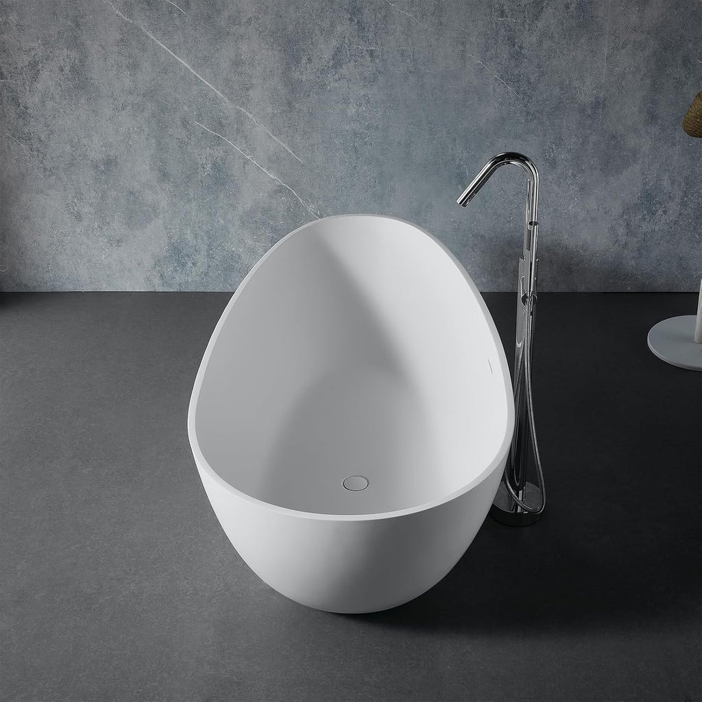 TONA 59' Stone Resin Freestanding Bathtub， Modern Egg Shell Shapes Solid Surface Soaking Stand Alone Tub, Matte White, Drain & Overflow Included