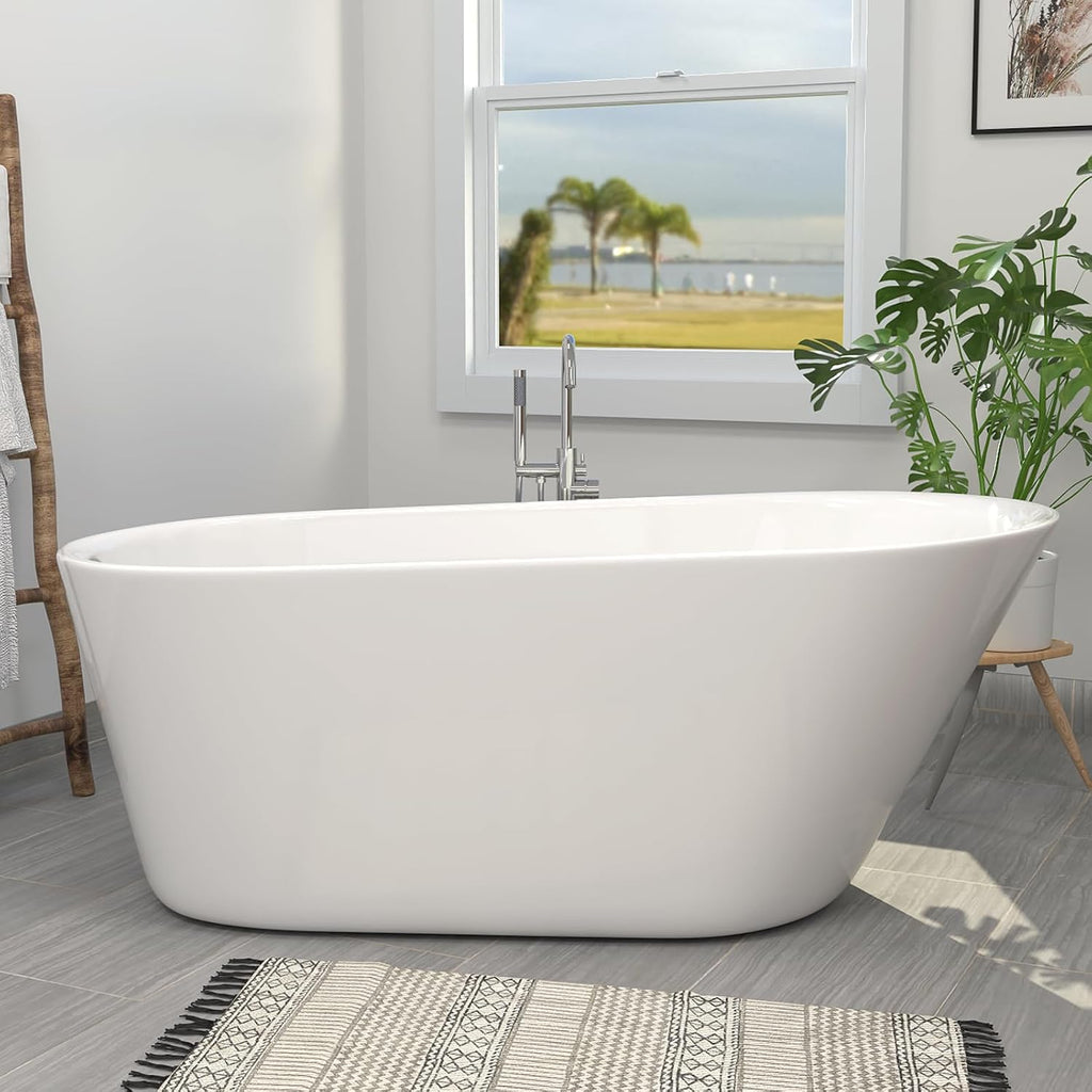 65' Acrylic Freestanding Bathtub, Single Slipper Free Standing Tub, Soaking Tub with Integrated Slotted Overflow, Toe-Tap Chrome Drain, cUPC Certified, Glossy White