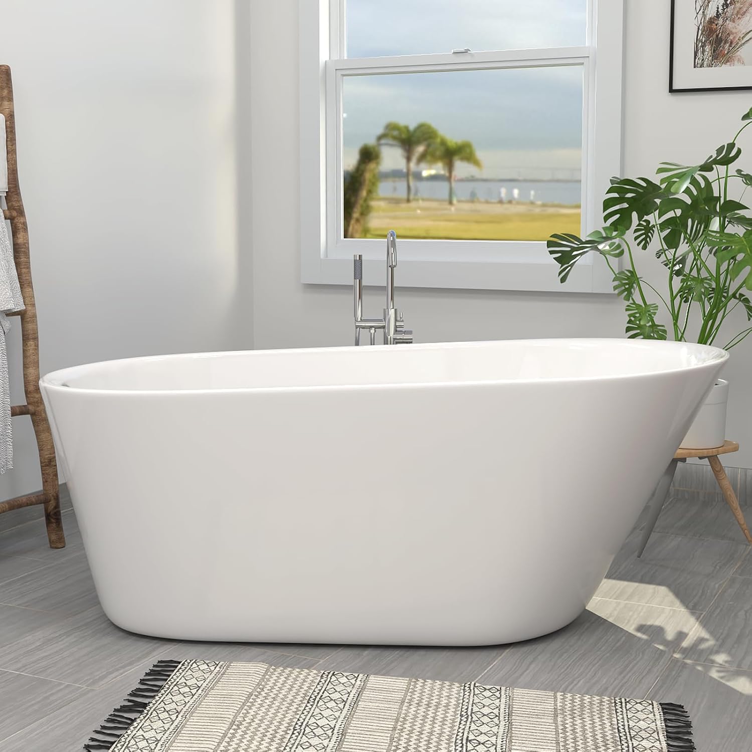 65' Acrylic Freestanding Bathtub, Single Slipper Free Standing Tub, Soaking Tub with Integrated Slotted Overflow, Toe-Tap Chrome Drain, cUPC Certified, Glossy White