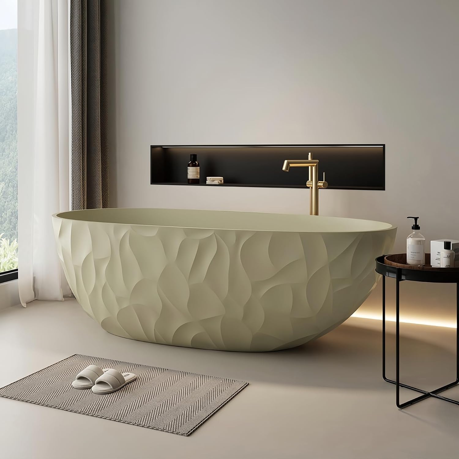 67' Edeyeu Luxury Freestanding Bathtub – Modern Solid Surface Bathtub With Ripple Design, Extra Deep Soaking Tub, Ergonomic Stand Alone Tub For Contemporary Luxury Bathrooms C