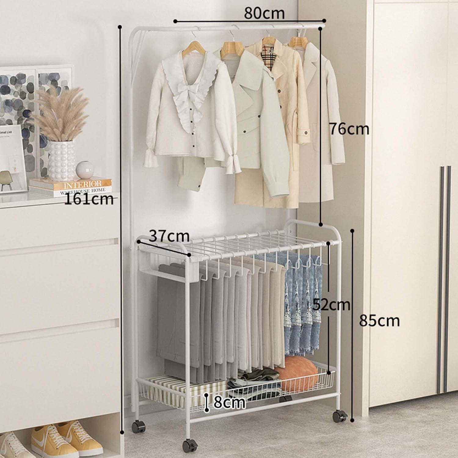 Display Stand Freestanding Pants Hangers Rolling Trolley Trousers Rack, Movable Multifunctional Jeans Hangers Closet Organizer Shelf Metal Garment Rack (White + Hanger