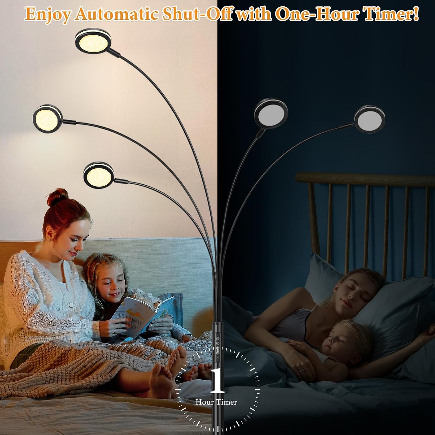 LED Arc Floor Lamp with Remote, 2250LM Dimmable Floor Lamp with Timer, Adjustable Colors, Brightness & 5 Adjustable Arms,Multi-Head Tall Tree Standing Lamp for Living Room Bedroom Corner Office, Black
