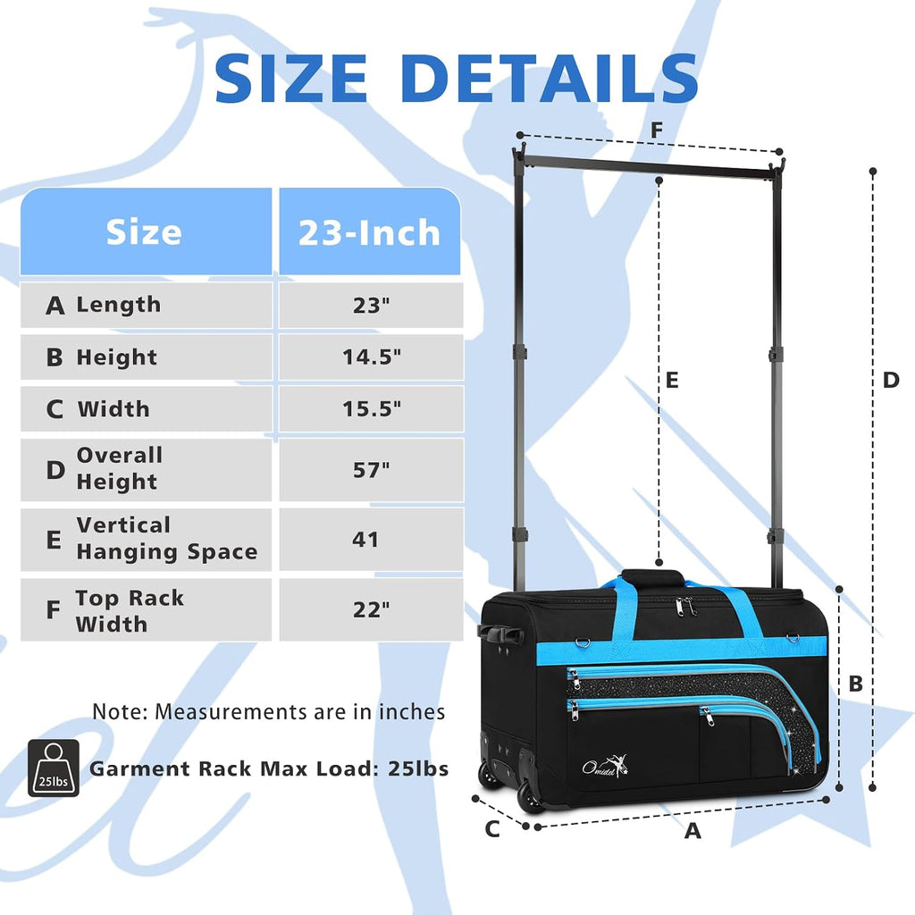 Dance Bag with Garment Rack, 23' Rolling Dance Suitcase Competition Duffle Bag with Garment Rack & Wheels | Versatile Compartments, Upgraded Stable System for Dance Shows, Travel, Cheer, Recital