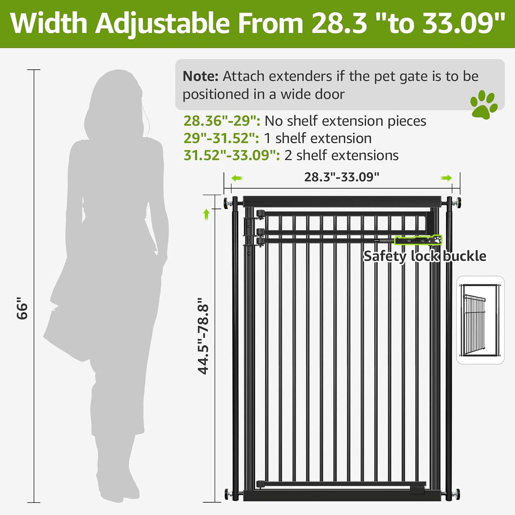78.8' Extra Tall Cat Gate, 28.3-33' Wide Safety Metal Cat Door, Pressure Mounted Easy Walk Through Pet Gate with Door for Stairs, Doorways (Black)