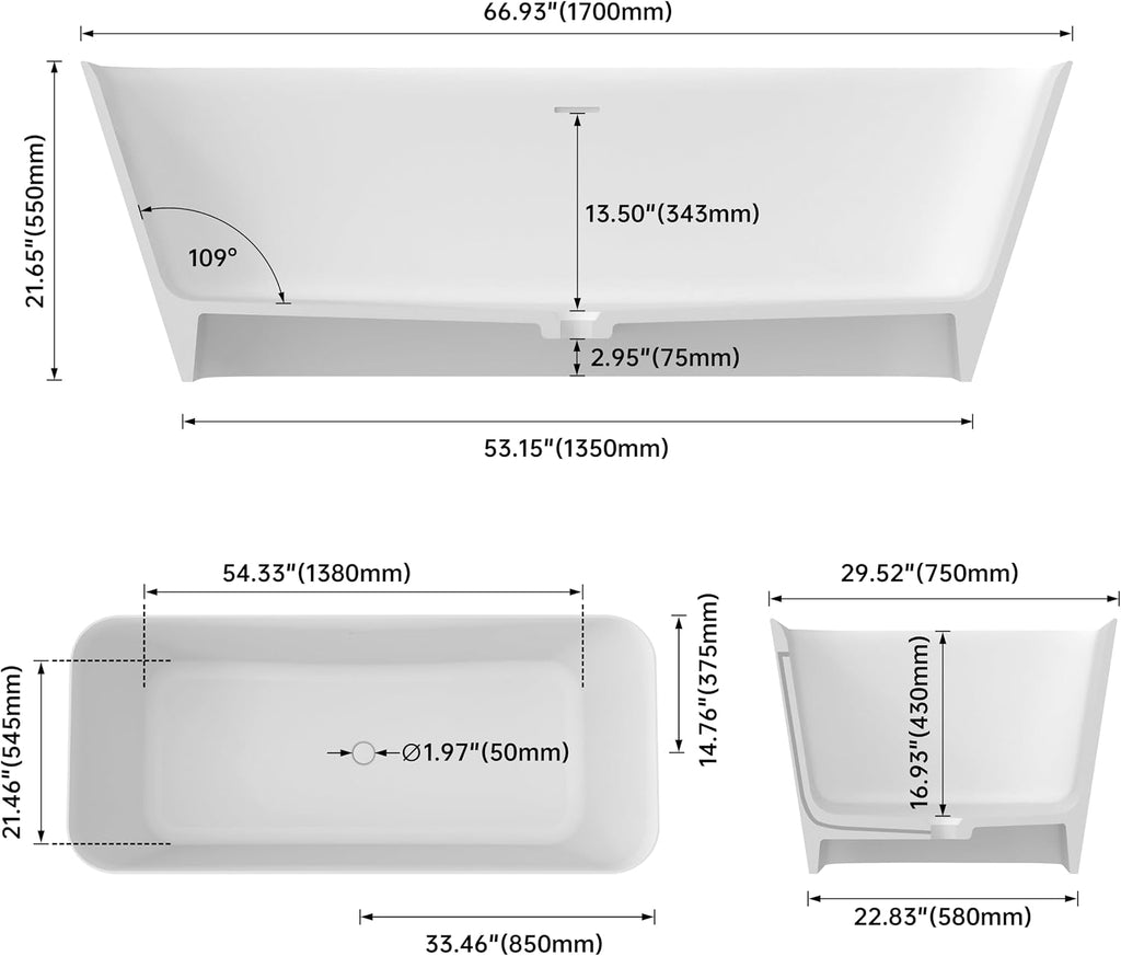 67 Inch Solid Soaking Bathtub Deep Soak Freestanding Tub