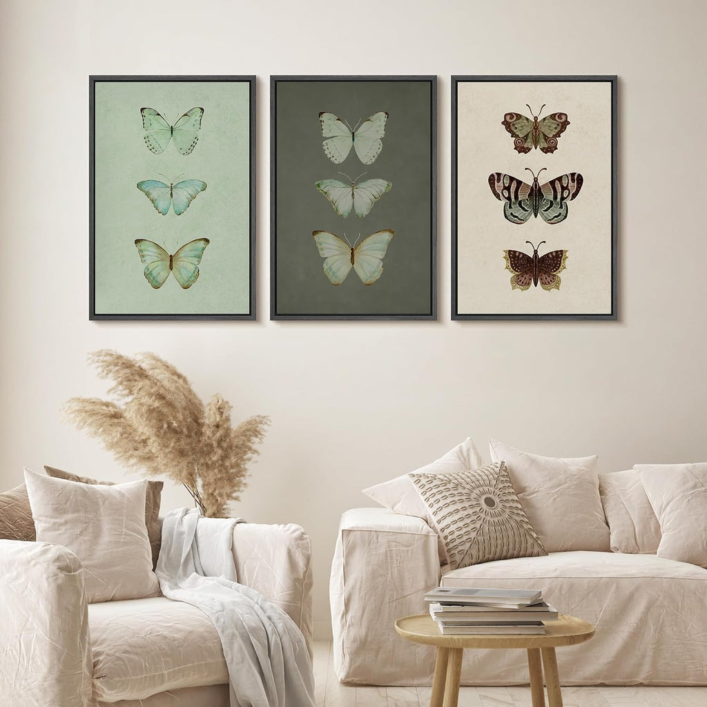 wall26 Framed Canvas Print Wall Art Set Vintage Butterfly Collection Botanical Illustrations Modern Art Decorative Floral Botanical Minimal for Bedroom - 24'x36'x3 Black