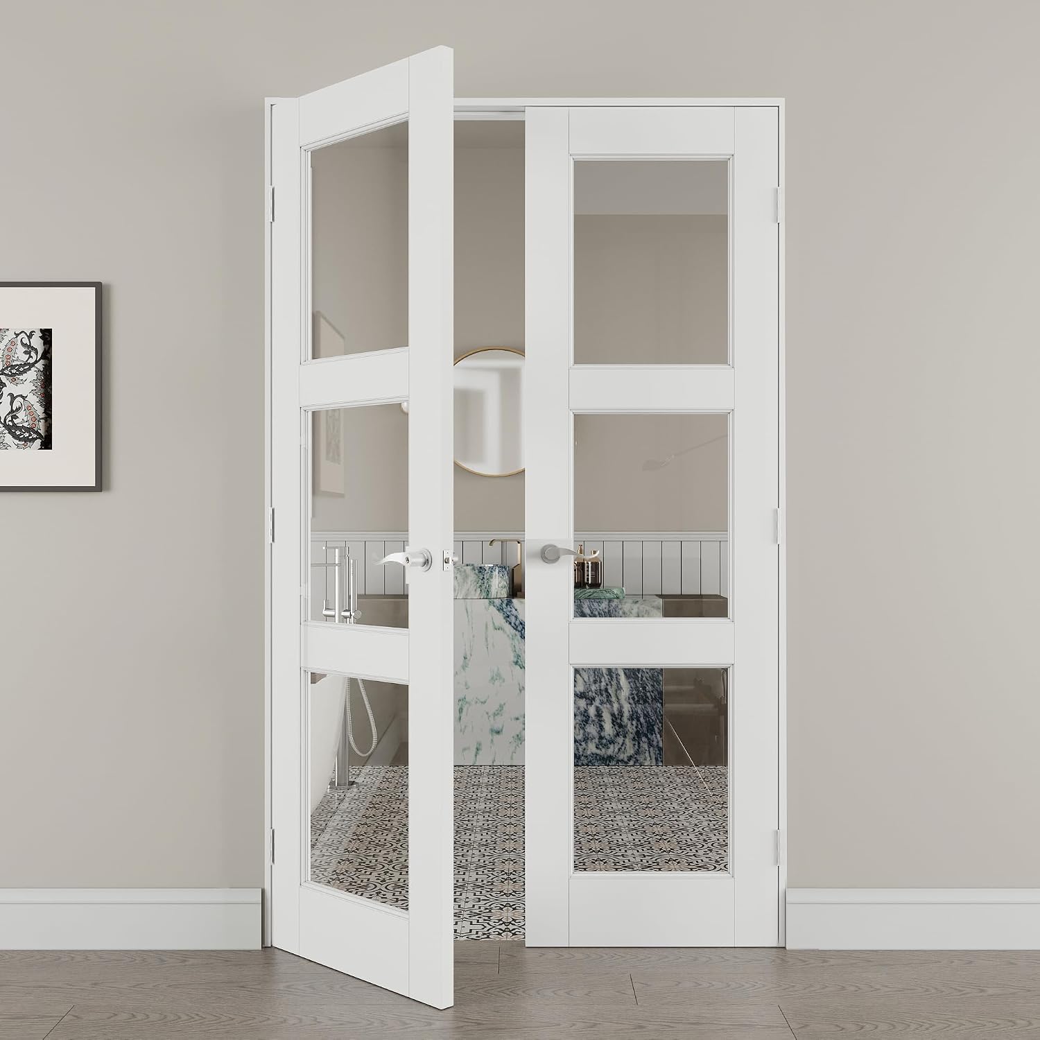 48' x 80' French Doors Interior (Double 24' x 80' 3-Lite Clear Glass Door with Silver Hinge Prehung Jamb Kit), Pre-Finished & Paintable, Prebuilt Home Door Panels & Assembly Required Jamb