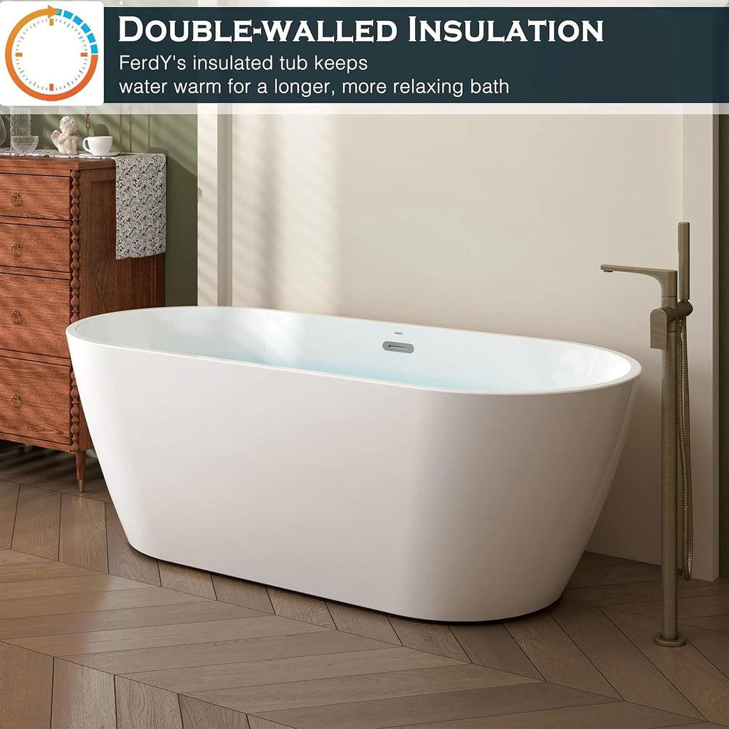 FerdY Bali 67' Acrylic Freestanding Bathtub, Gracefully Shaped Freestanding Soaking Bathtub, Toe-Tap Chrome Drain and Classic Slotted Overflow Included, Glossy White, cUPC Certified,