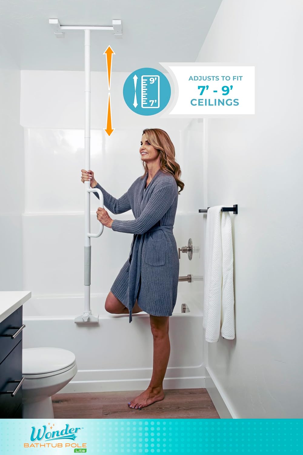 Stander Wonder Bathtub Pole Lite, Tub to Ceiling Grab Bar, Adjustable Shower Handle for Bathtubs, Clamp on Bathroom Safety Rail for Seniors, Elderly Adults, No Drill Installation, White