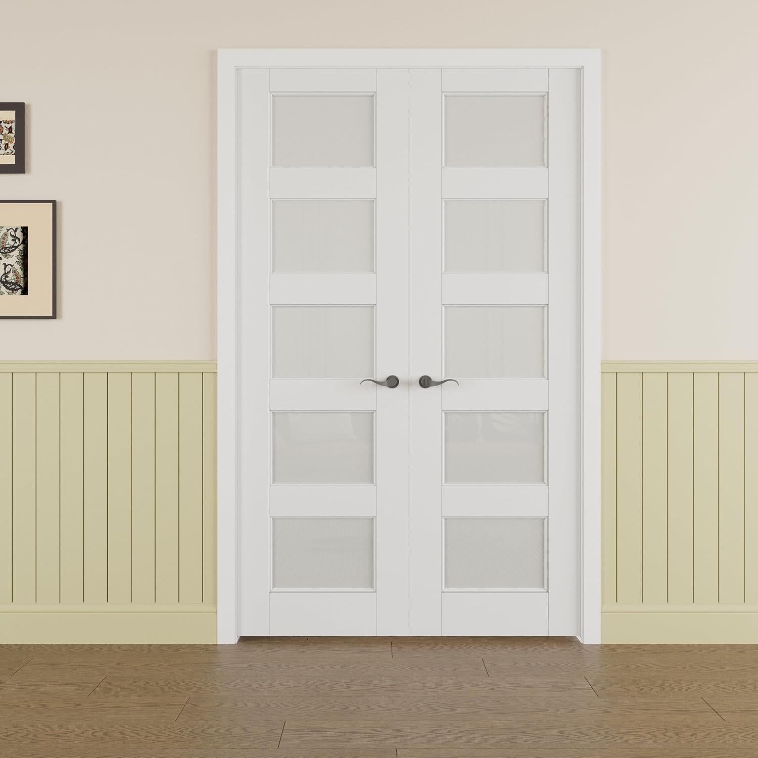 Prehung French Door 60' x 80' (2x30 in), Tempered Frosted Glass Door Slabs with Jamb, Black Hinges, 4 Levers & Latch, Solid Core Interior Door, Pre-Finished & Paintable, MDF Double Doors Interior