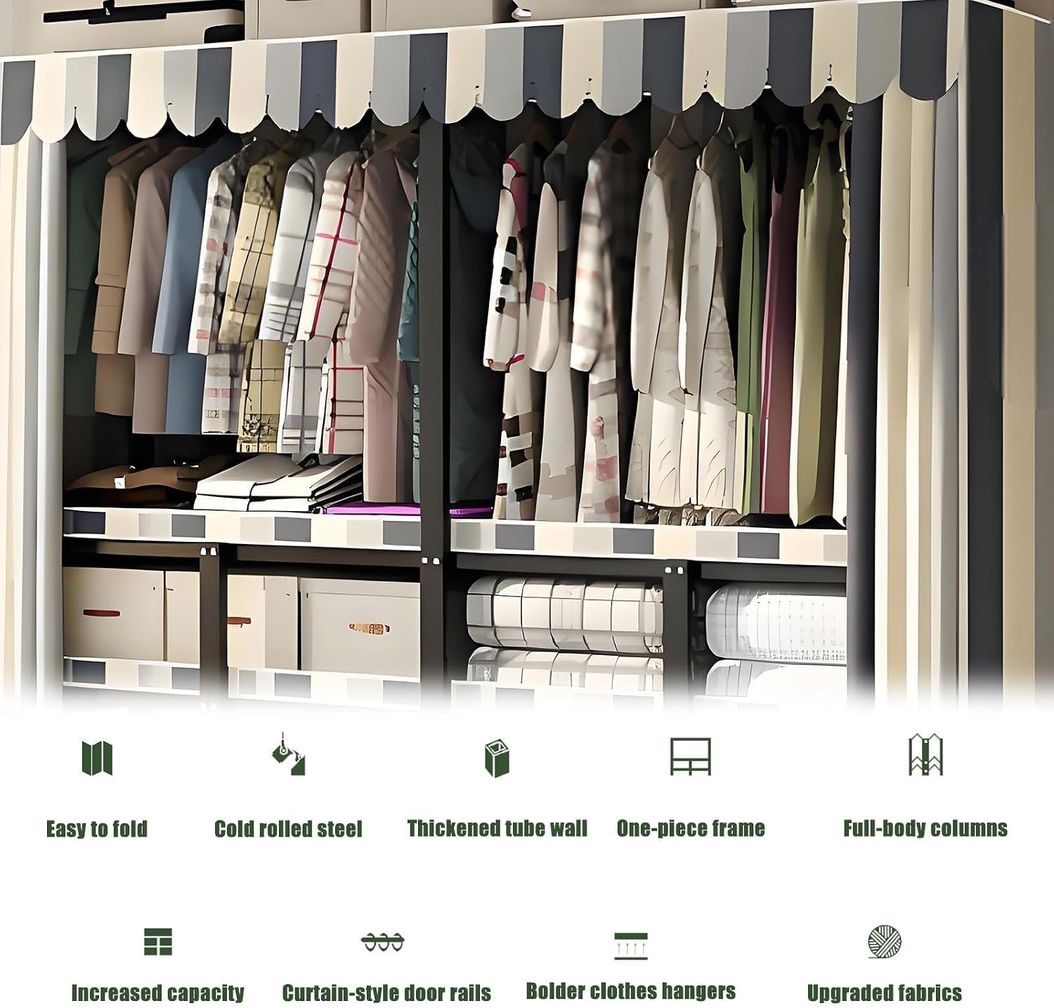Foldable Drying Rack - Strong and Durable Portable Wardrobe Closet Rack with Cover, Large Metal Canvas Wardrobe Closet, Wardrobe Clothes Organizer, for Hanging Clothes(145 * 50 * 170cm)