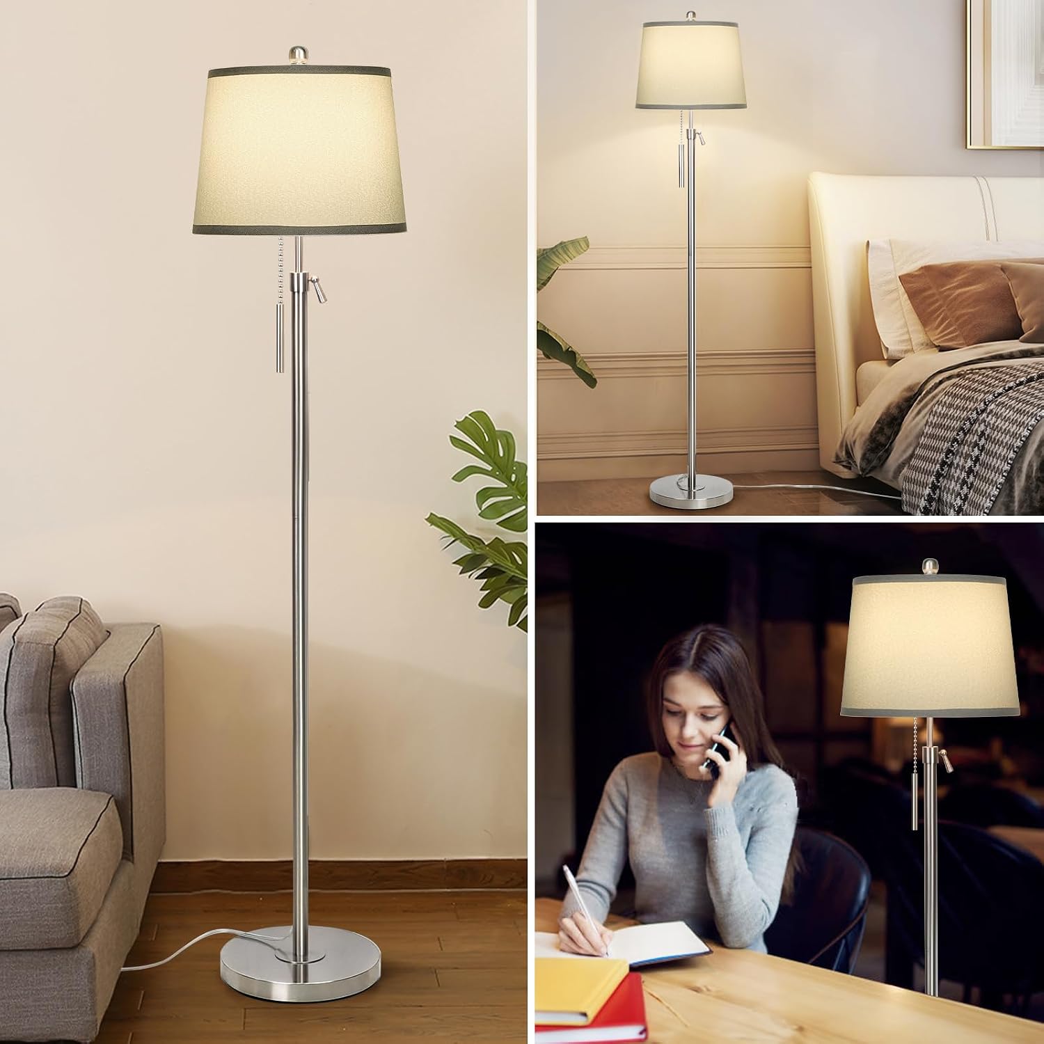 JUNNAI 3 Piece Lamp Sets for Living Room Floor and Table Lamps Set of 3 Adjustable Height Tall Standing Lamp 3 Color Temp Modern Silver Lamp for Bedroom Nightstand Bedside EndTable(LED Bulbs Included)