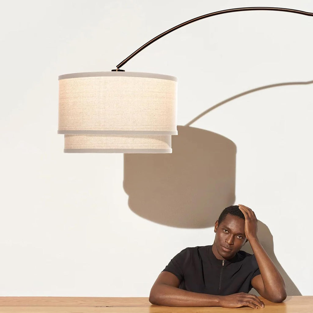 Brightech Mason Arc Floor Lamp - Modern Corner Standing Lamp with Unique Hanging Drum Lamp Shade for Living Room - Bright Overhead, Curved Hanging Light for Bedroom. Library, Den - Bronze