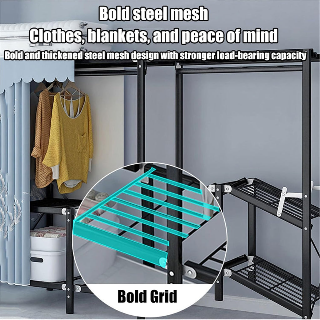 Folding Heavy Duty Clothes Rack With Cover,Large Portable Armoire Wardrobe Closet, Metal Frame Clothes Rack,One Piece Folding Design,for Bedroom Closet(110cm)