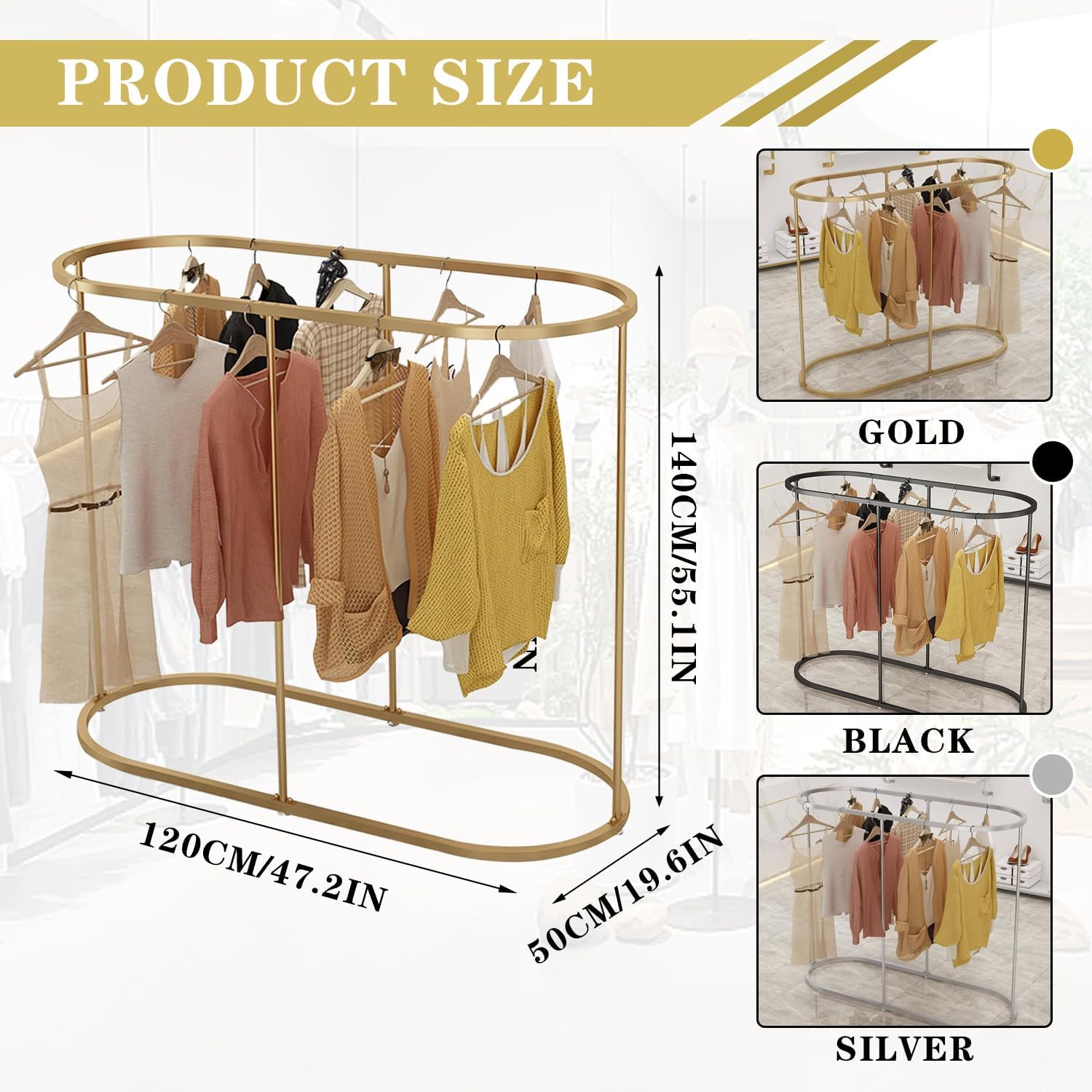 Heavy Duty Oval Garment Rack, Floor Commercial Retail Clothing Rack for Clothes Storage, Iron Multi-Functional Bedroom Clothing Rack, for Boutiques Display, Hallway Entryway,Silver