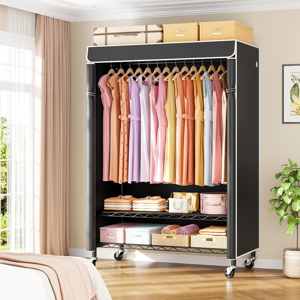 ULIFHOME P6C Plus & H5C Clothes Rack with Cover, Covered Clothing Rack Heavy Duty, Portable Closet for Hanging Clothes, Black Closet Rack with Black Cover, P6C Plus with Wheels, H5c without Wheels