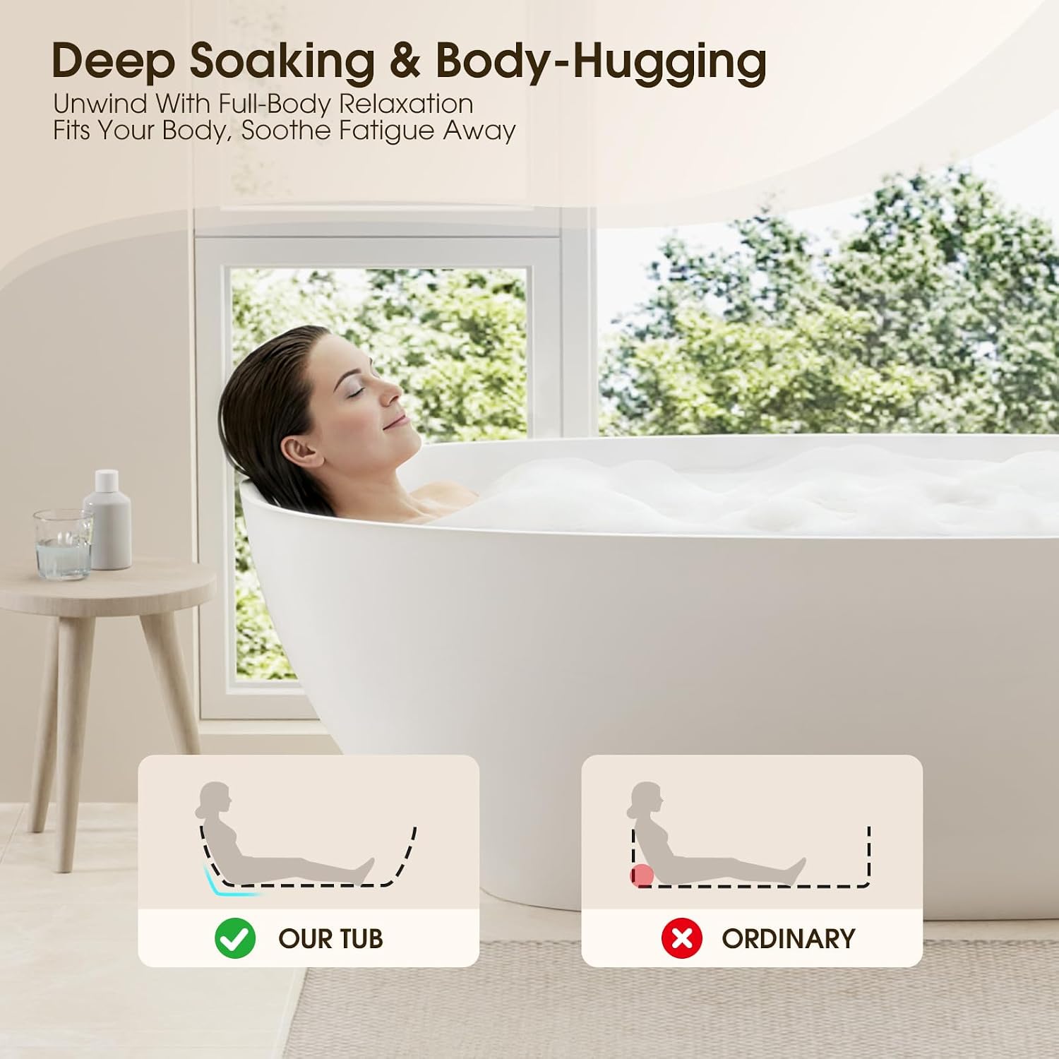 59' Stone Resin Freestanding Soaking Tub, Modern Oval Solid Surface Bathtub with with Overflow & Pop-up Drain, 14.4 Inch Soaking Depth Luxury Soaking Tub, Matte White