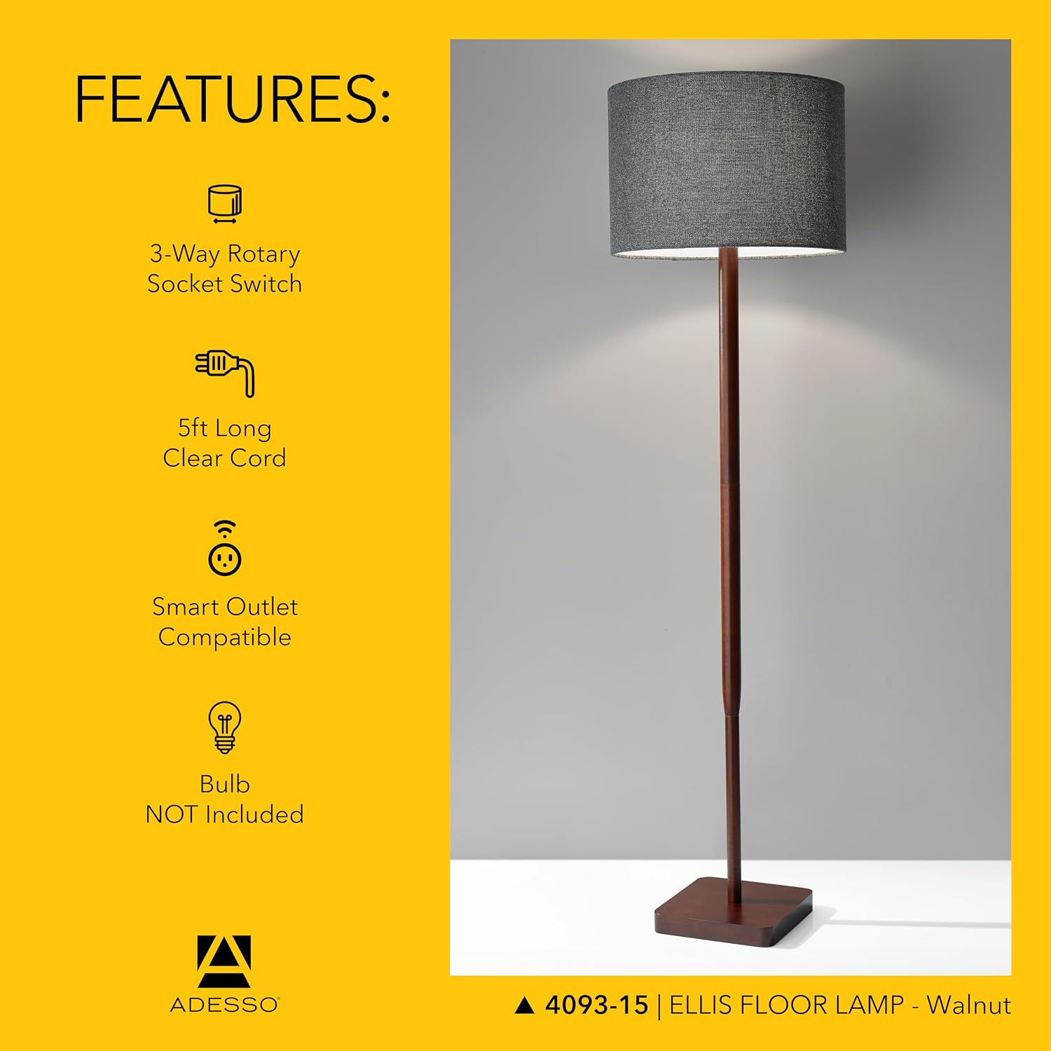 Adesso Floor Lamp with Walnut Rubberwood Base and Grey Fabric Lampshade – 58.5' x 16', 3-Way Adjustable Brightness, Lamp for Bedroom, Living Room, and House Decor
