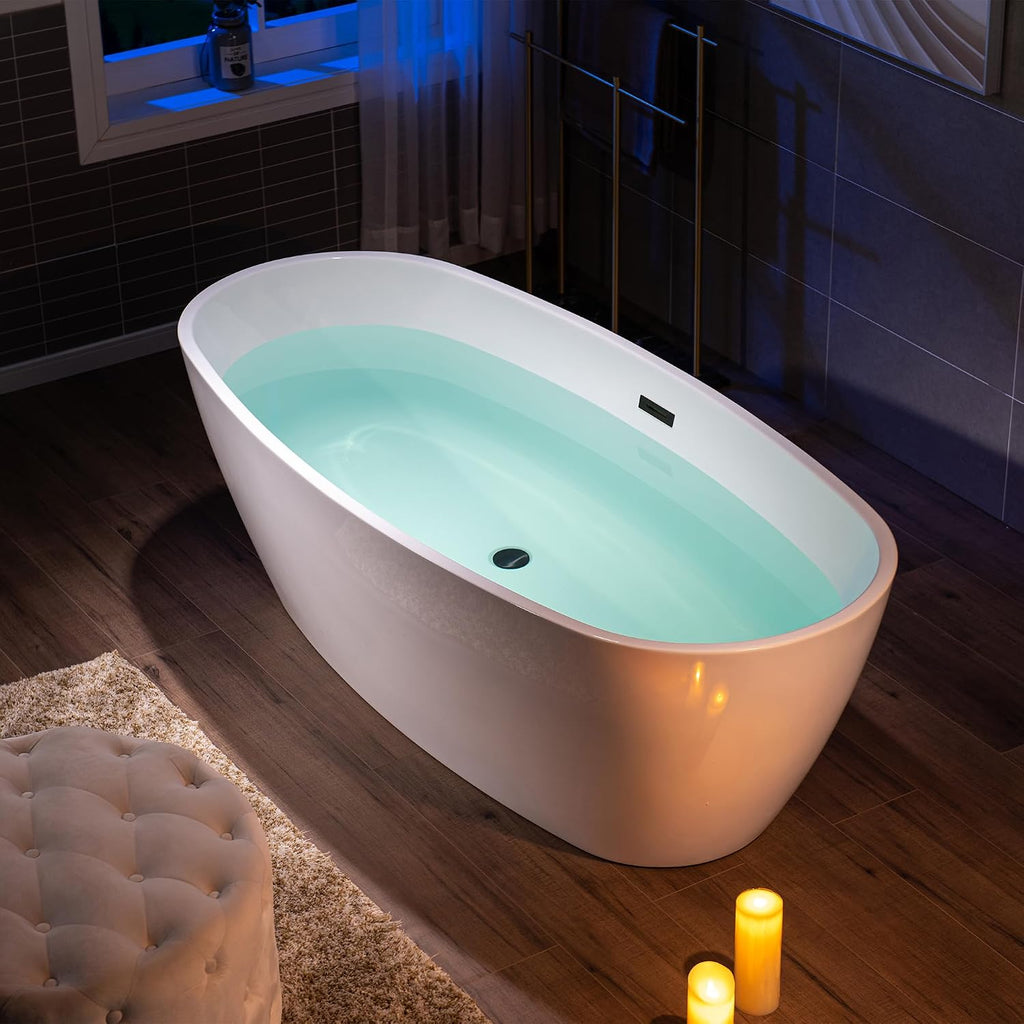 WOODBRIDGE 71' Acrylic Freestanding Bathtub Contemporary Soaking Tub, White Acrylic,Matte Black Drain/Overflow
