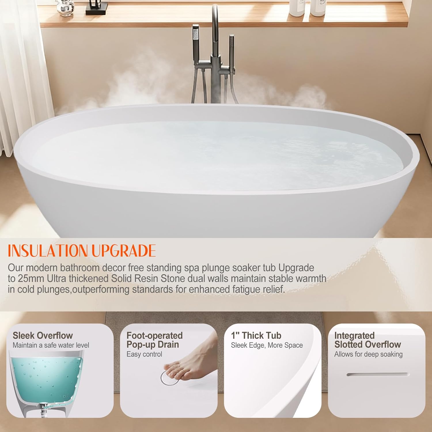 Stone Resin Freestanding Bathtubs,67'Solid Surface Matte White Oval Upgrade 25mm ultra-thick edges Luxury Stand Alone Bathroom Bath Soaking Tub with Pop up Drain & Integrated Slotted Overflow