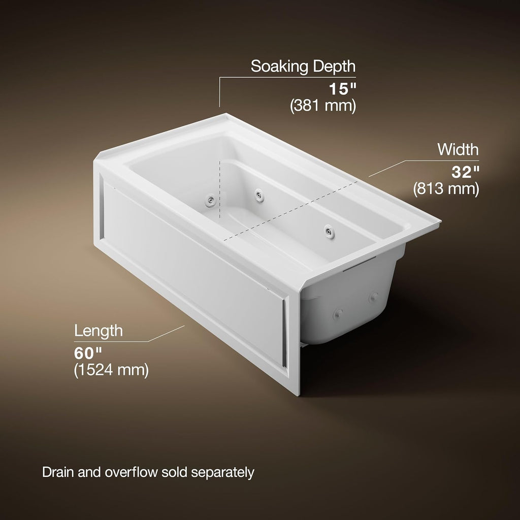 KOHLER K-1122-RA-0 Archer 60-Inch x 32-Inch Alcove Whirlpool bath with integral apron, integral flange and right hand drain, White