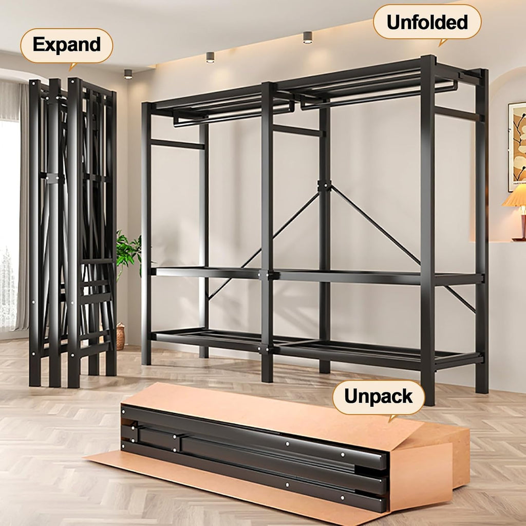 Foldable Portable Wardrobe Closet With Cover, Metal Clothes Rack, One-Piece Folding Base, Foldable Garment Racks, For Hanging Clothes Storaging(Grey1,125cm/49.2inch)