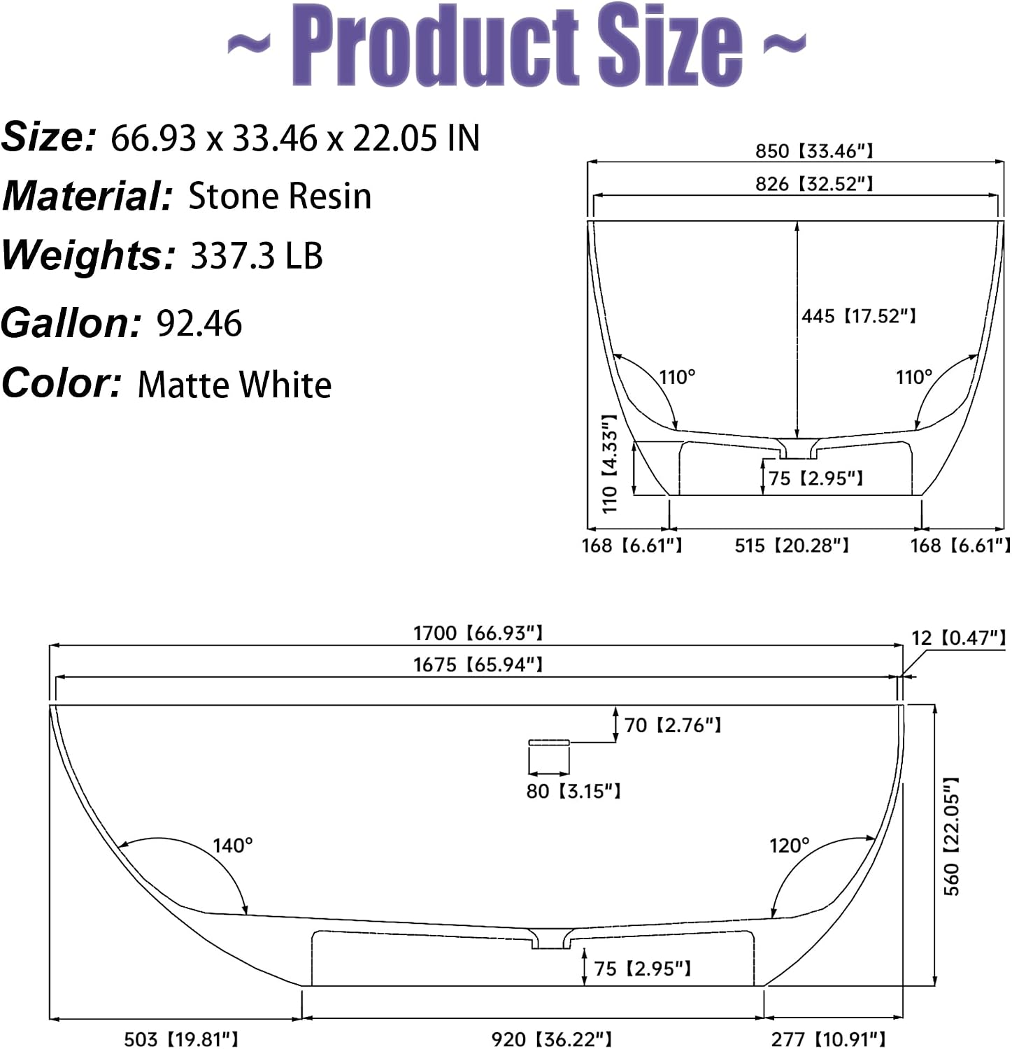 67' Freestanding Bathtub, Contemporary Soaking Bathtub, Easy to Install, Solid Surface Soaking Tub with Overflow and Pop-up Drain, Matte Black 302MB1700