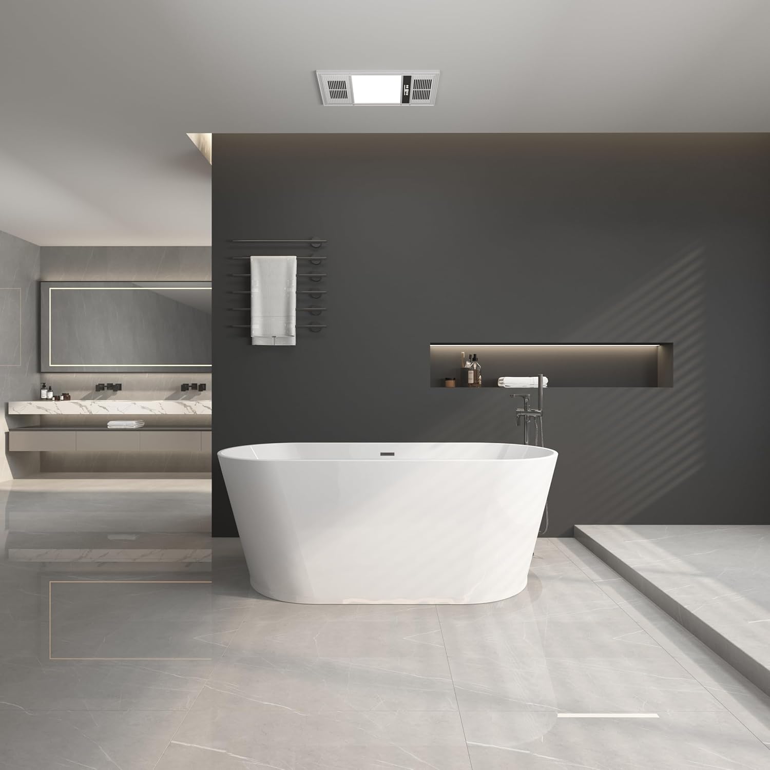 59' Acrylic Freestanding Bathtub-Acrylic Soaking Tubs, White Bathtub, Oval Shape Black Freestanding Bathtub with Chrome Overflow and Pop Up Drain
