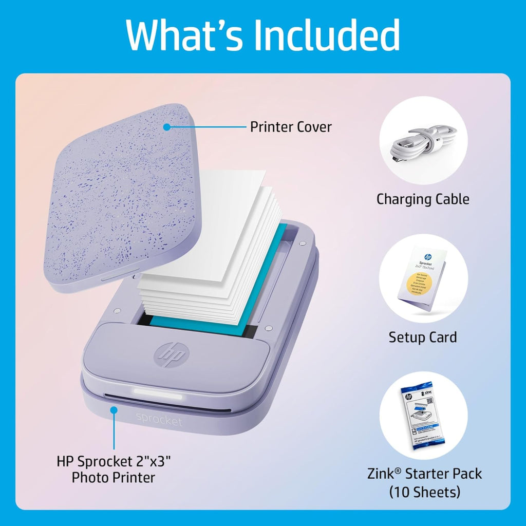 HP Sprocket 2x3 Instant Smartphone Photo Printer 75 Sheets Bundle - Bluetooth Portable Color Wireless Mobile Printer (Purple) Zink Sticky-Back Photos