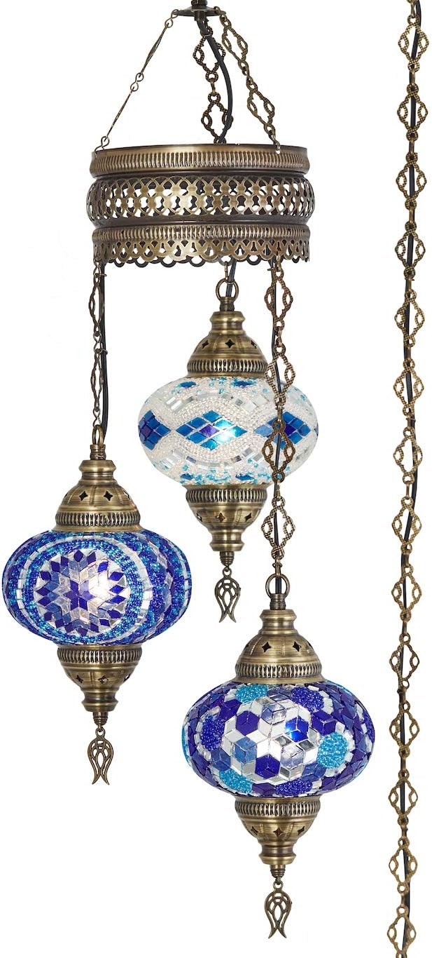 DEMMEX Plug-in Turkish Hanging Lamp, Handmade Moroccan Mosaic Chandelier Pendant Light Fixture with 15-ft Cord & Chain, Decorative Ceiling Lamp for Living Room, Bedroom, 3 Large 7'' Globes, 3.5 ft.